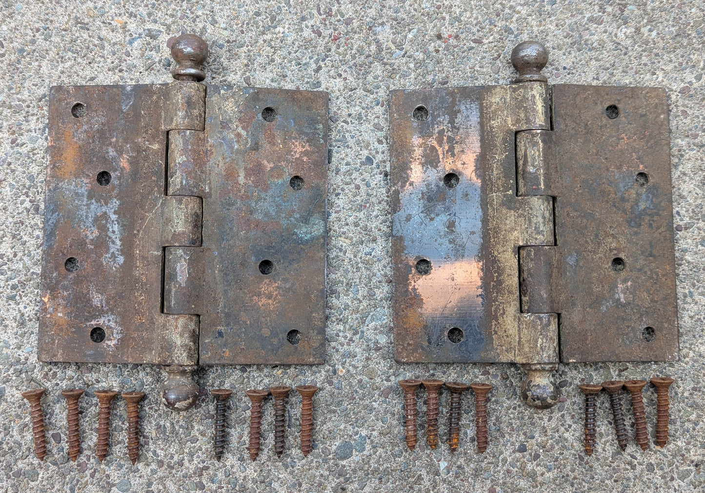 Pair of 5"x5" Antique Vintage Old Reclaimed Salvaged Steel Bronze Copper Ball Tip Finial Exterior Entry Door Hinges Screws