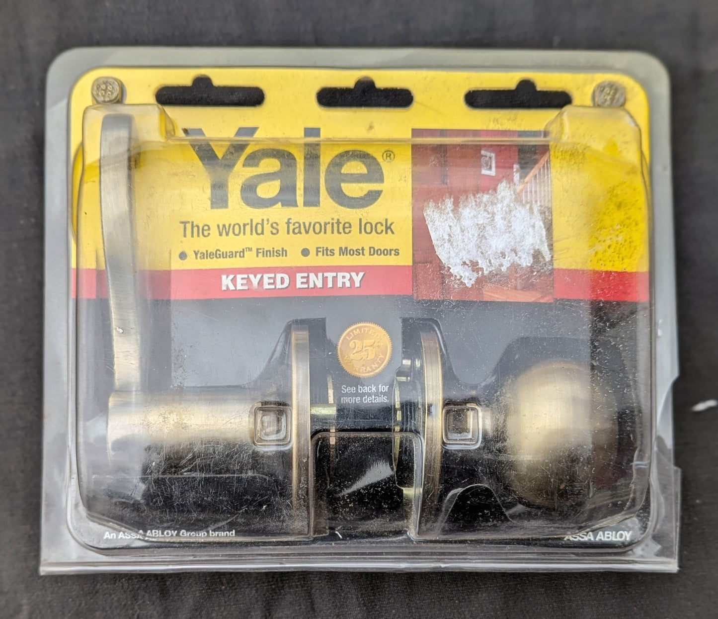 Vintage NOS New Old Stock Modern "Yale" Interior Exterior Entry Keyed Door Lock Lockset Knob Lever Plates Antique Aged Brass Finish 2 Keys