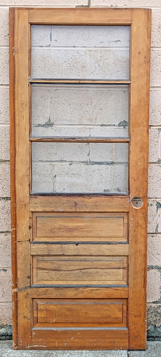 30"x75" Antique Vintage Old Reclaimed Salvaged SOLID Wood Wooden Entry Entrance Front Back Side Door 3 Windows Tempered Glass Raised Panels