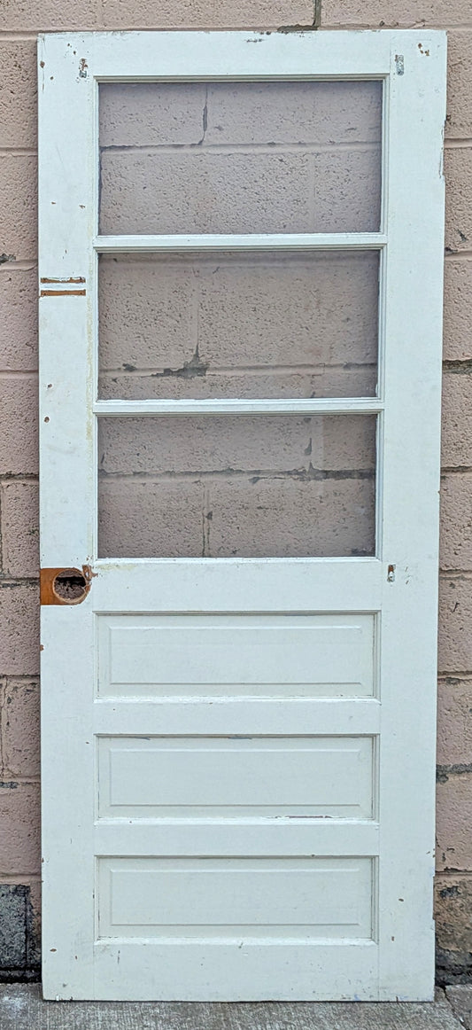 30"x75" Antique Vintage Old Reclaimed Salvaged SOLID Wood Wooden Entry Entrance Front Back Side Door 3 Windows Tempered Glass Raised Panels