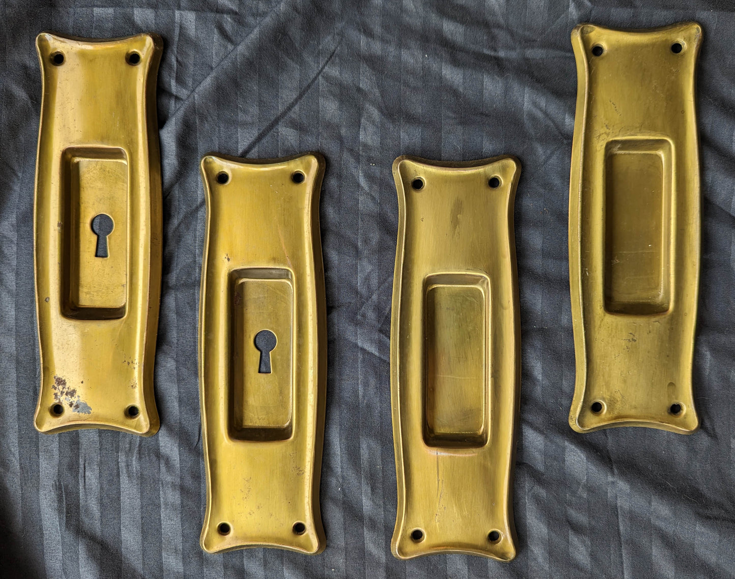 Set 4 Antique Vintage Old Reclaimed Salvaged Brass Steel Pocket Door Pulls Key Plates Cups Hardware Arts Crafts Style