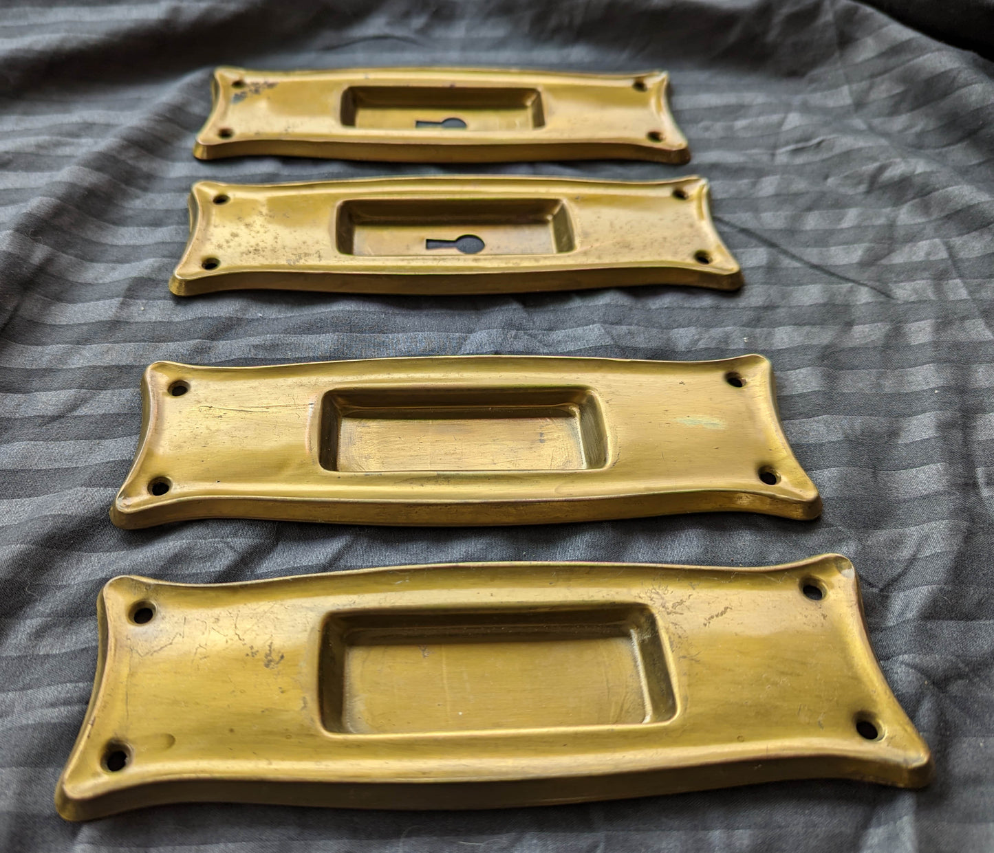 Set 4 Antique Vintage Old Reclaimed Salvaged Brass Steel Pocket Door Pulls Key Plates Cups Hardware Arts Crafts Style