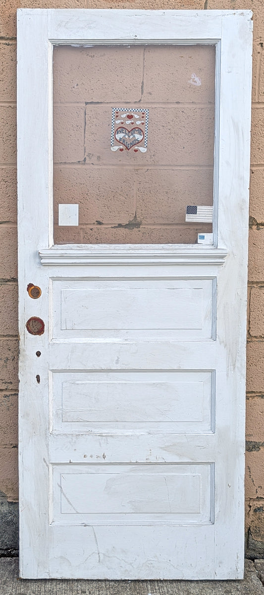 32"x79" Antique Vintage Old Reclaimed Salvaged SOLID Wood Wooden Entry Entrance Front Back Side Door Single Window Glass 3 Raised Panels