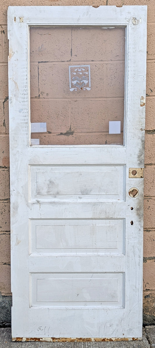 32"x79" Antique Vintage Old Reclaimed Salvaged SOLID Wood Wooden Entry Entrance Front Back Side Door Single Window Glass 3 Raised Panels