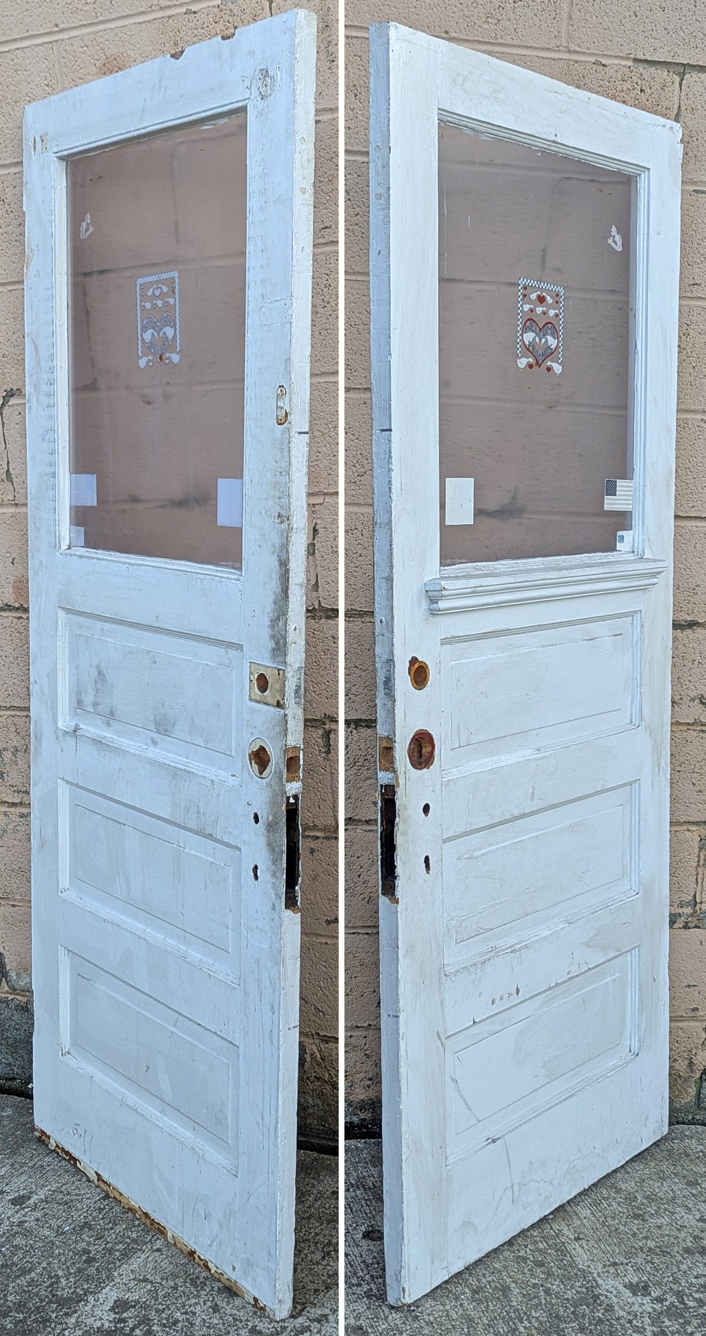 32"x79" Antique Vintage Old Reclaimed Salvaged SOLID Wood Wooden Entry Entrance Front Back Side Door Single Window Glass 3 Raised Panels