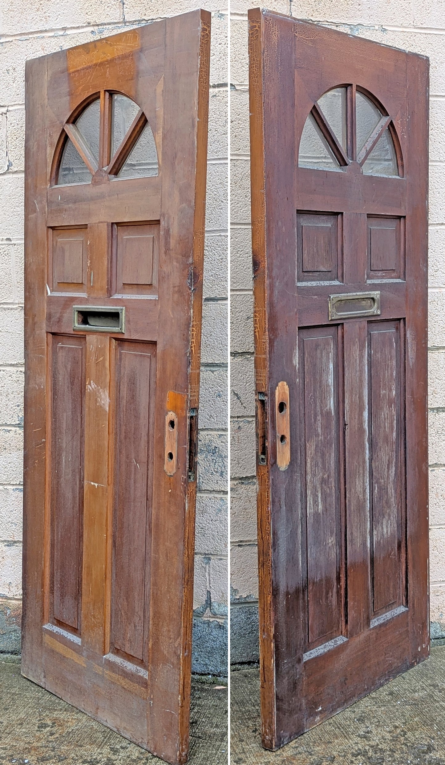32"x80"x1.75" Vintage Antique Old Reclaimed Salvaged SOLID Wood Wooden Exterior Entry Door 4 Arched Fan Windows Colonial Style