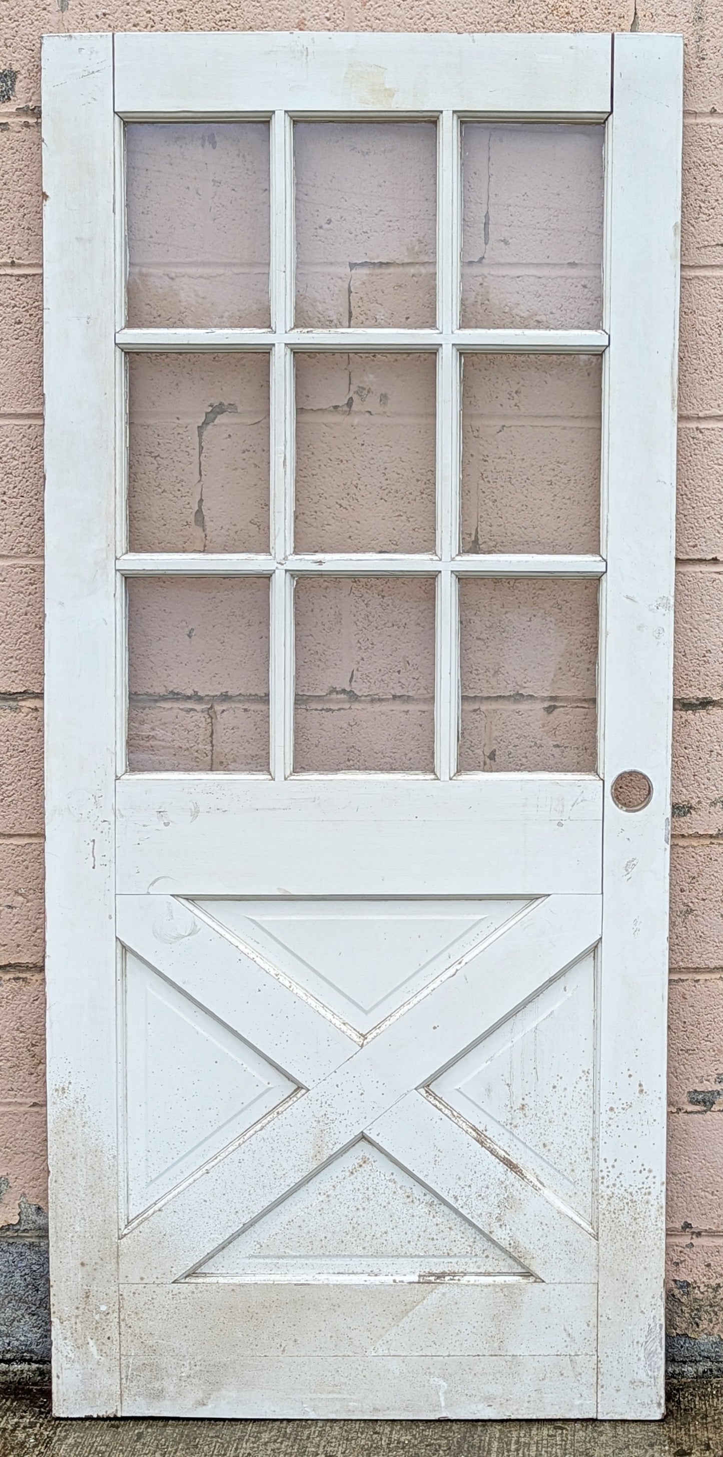36"x79"x1.75" Vintage Antique Old Reclaimed Salvaged SOLID Wood Wooden Exterior Front Entry French Door 9 Windows Glass 4 Crossbuck Panels