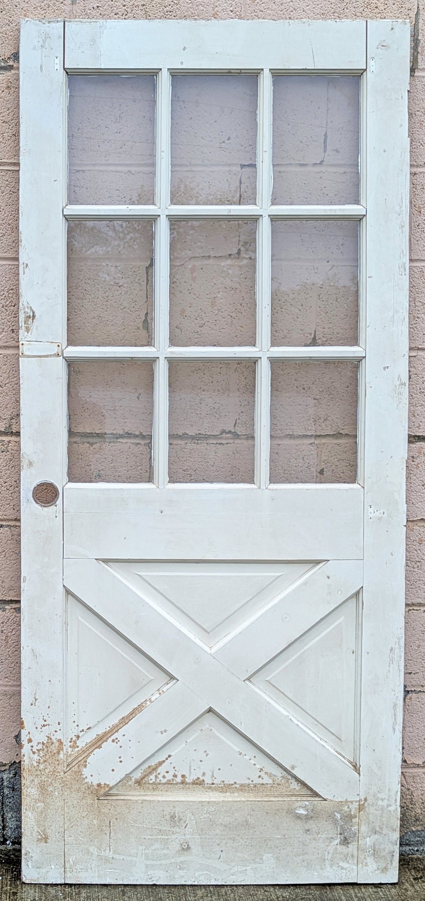 36"x79"x1.75" Vintage Antique Old Reclaimed Salvaged SOLID Wood Wooden Exterior Front Entry French Door 9 Windows Glass 4 Crossbuck Panels