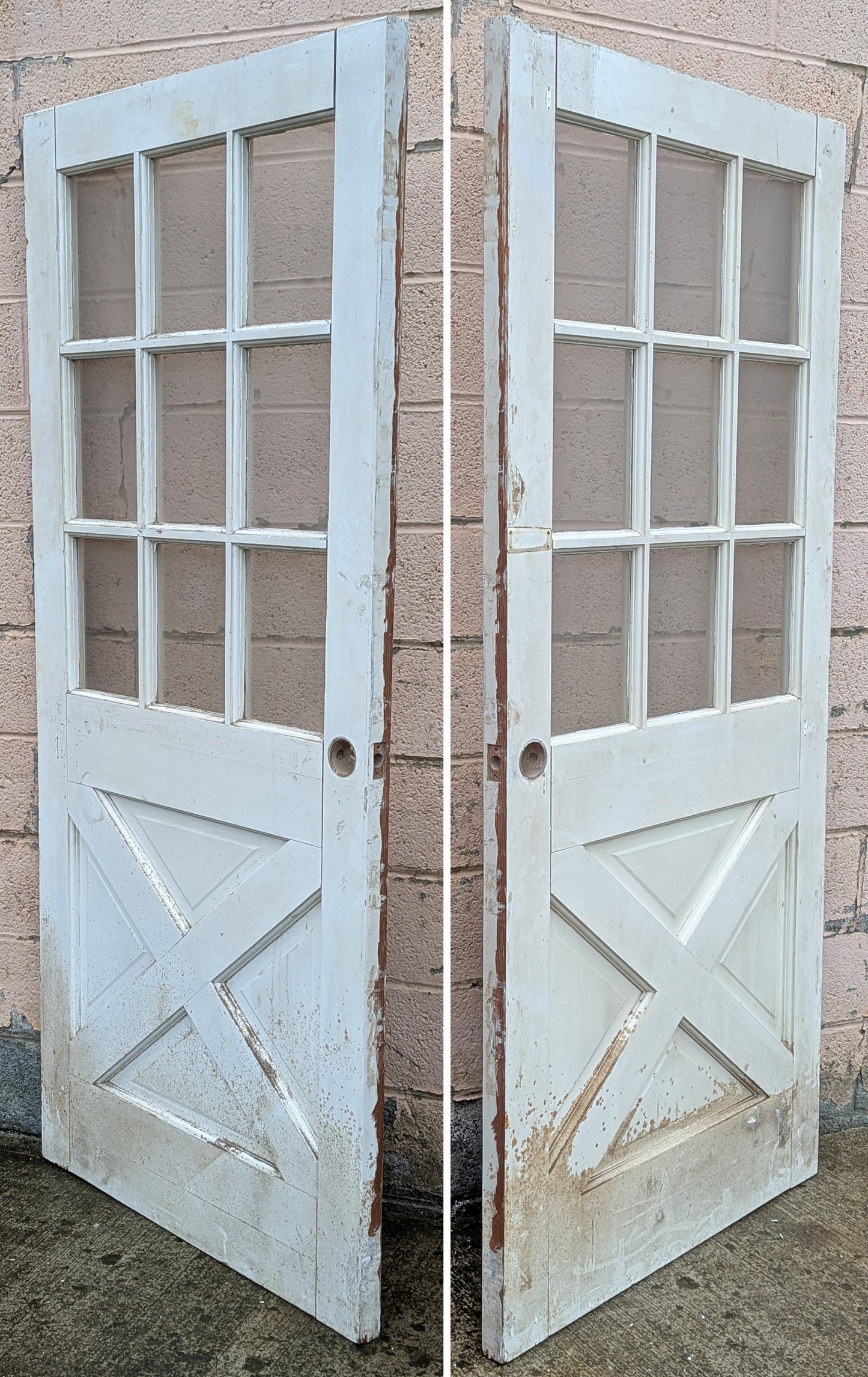 36"x79"x1.75" Vintage Antique Old Reclaimed Salvaged SOLID Wood Wooden Exterior Front Entry French Door 9 Windows Glass 4 Crossbuck Panels