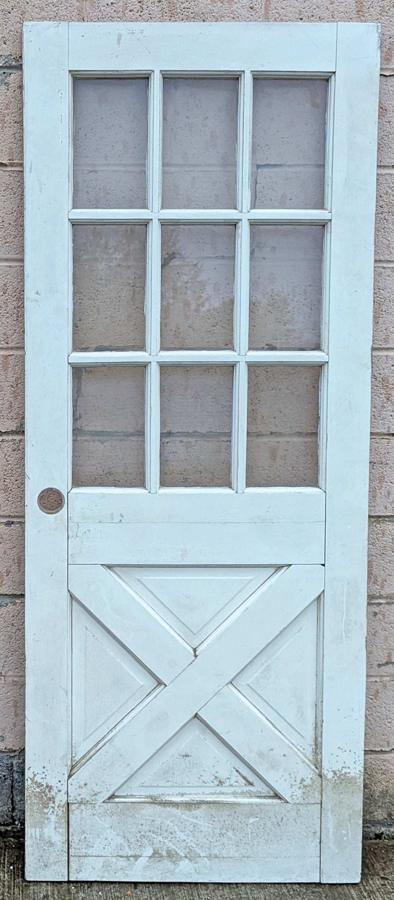 32"x79"x1.75" Vintage Antique Old Reclaimed Salvaged SOLID Wood Wooden Exterior Front Entry French Door 9 Windows Glass 4 Crossbuck Panels