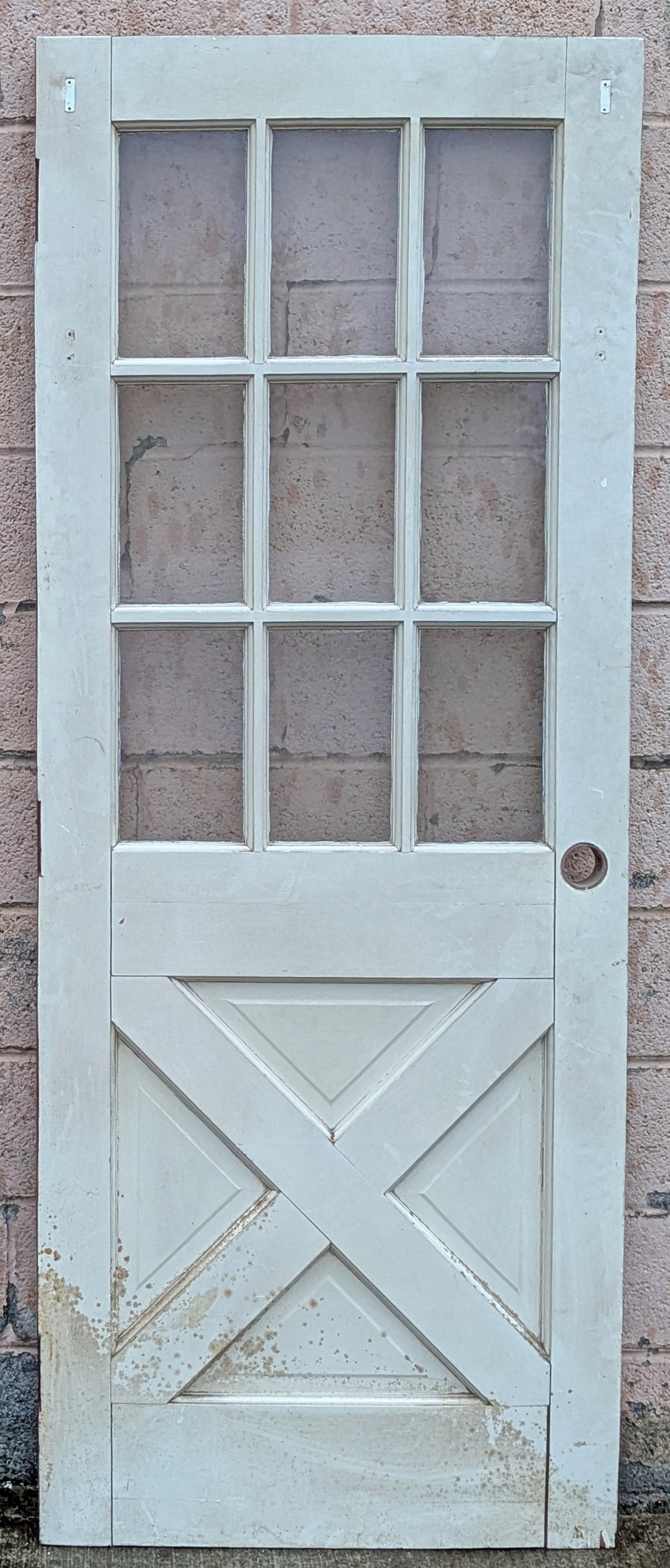 32"x79"x1.75" Vintage Antique Old Reclaimed Salvaged SOLID Wood Wooden Exterior Front Entry French Door 9 Windows Glass 4 Crossbuck Panels