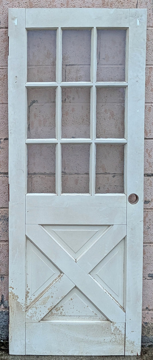 32"x79"x1.75" Vintage Antique Old Reclaimed Salvaged SOLID Wood Wooden Exterior Front Entry French Door 9 Windows Glass 4 Crossbuck Panels