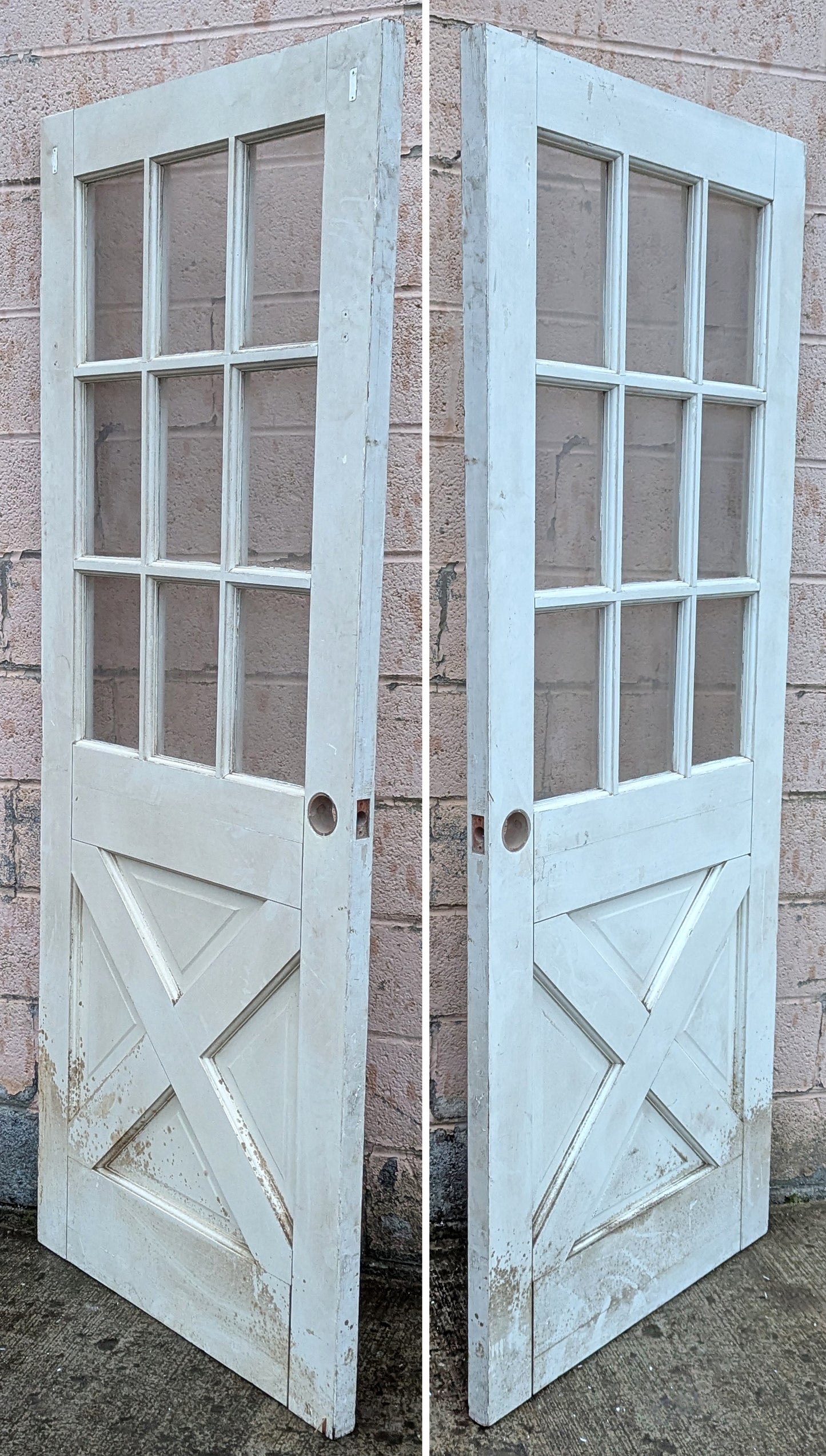 32"x79"x1.75" Vintage Antique Old Reclaimed Salvaged SOLID Wood Wooden Exterior Front Entry French Door 9 Windows Glass 4 Crossbuck Panels