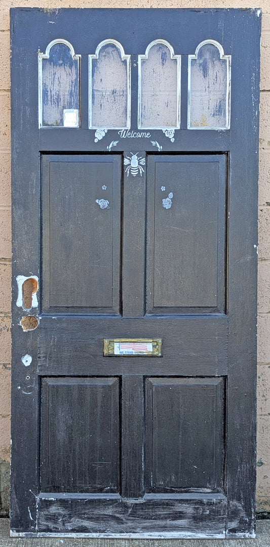 36"x78"x2" Vintage Antique Old Reclaimed Salvaged SOLID Wood Wooden Exterior Entry Front Side Back Door 4 Window Glass 4 Raised Panels