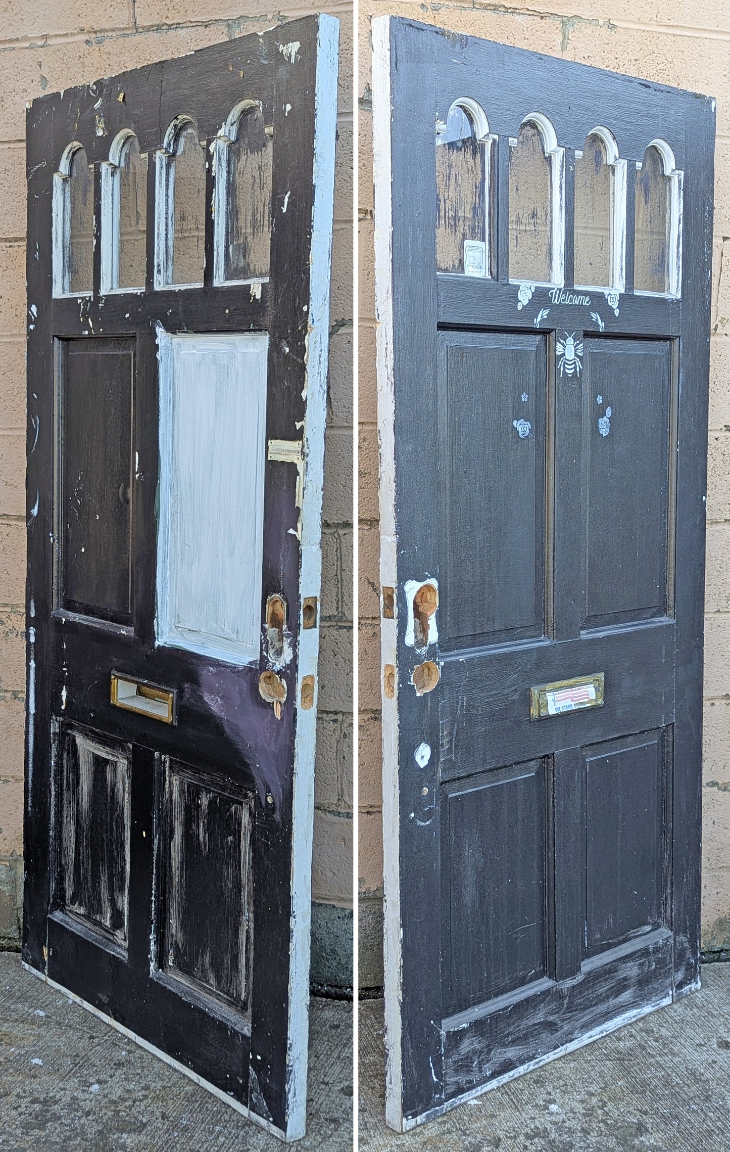 36"x78"x2" Vintage Antique Old Reclaimed Salvaged SOLID Wood Wooden Exterior Entry Front Side Back Door 4 Window Glass 4 Raised Panels