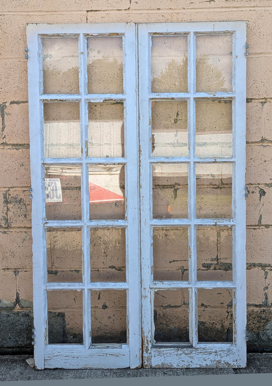 Pair of 39"x69"x1.75" Antique Vintage Old Reclaimed Salvaged SOLID Wood Wooden Exterior Casement Windows Pantry French Doors 20 Glass Lites Panes