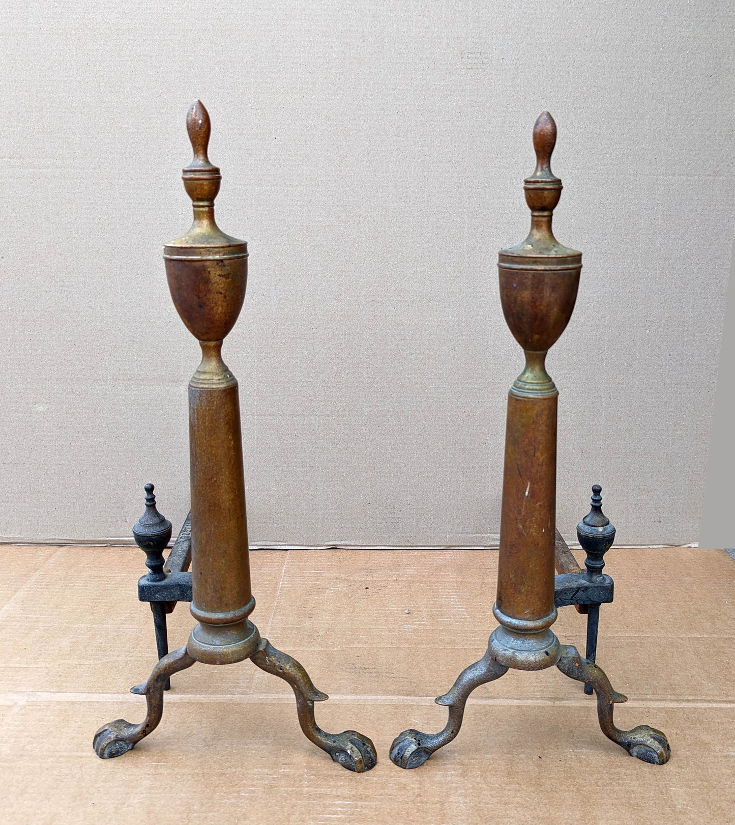 22"H Pair Antique Vintage Old "Rostland W L" Brass Cast Iron Federal Style Fireplace Andirons Firedogs Log Holders