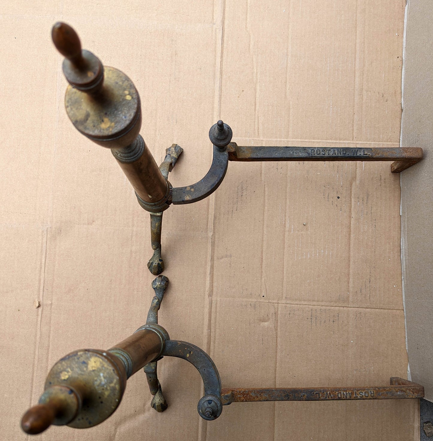 22"H Pair Antique Vintage Old "Rostland W L" Brass Cast Iron Federal Style Fireplace Andirons Firedogs Log Holders