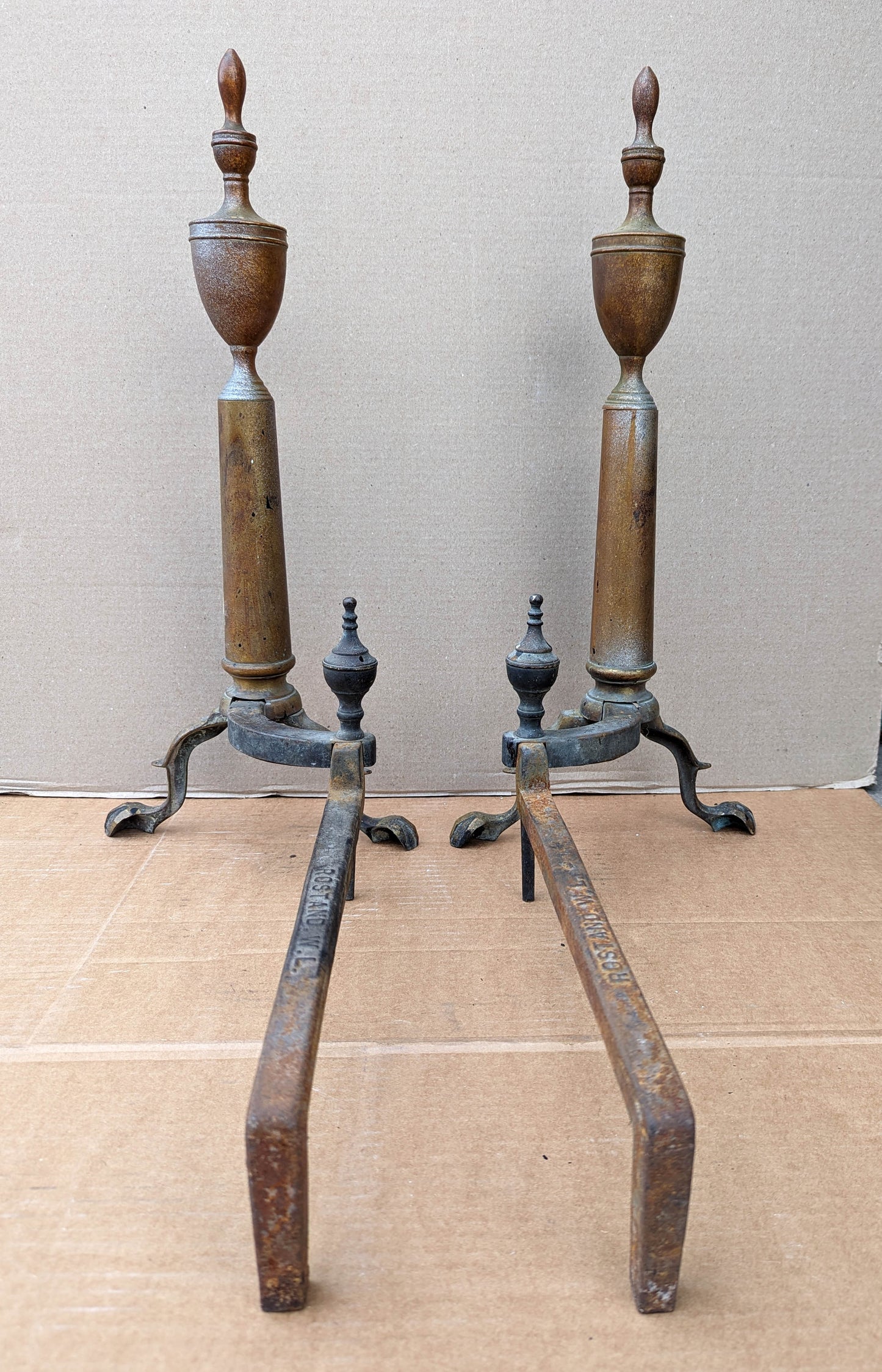 22"H Pair Antique Vintage Old "Rostland W L" Brass Cast Iron Federal Style Fireplace Andirons Firedogs Log Holders