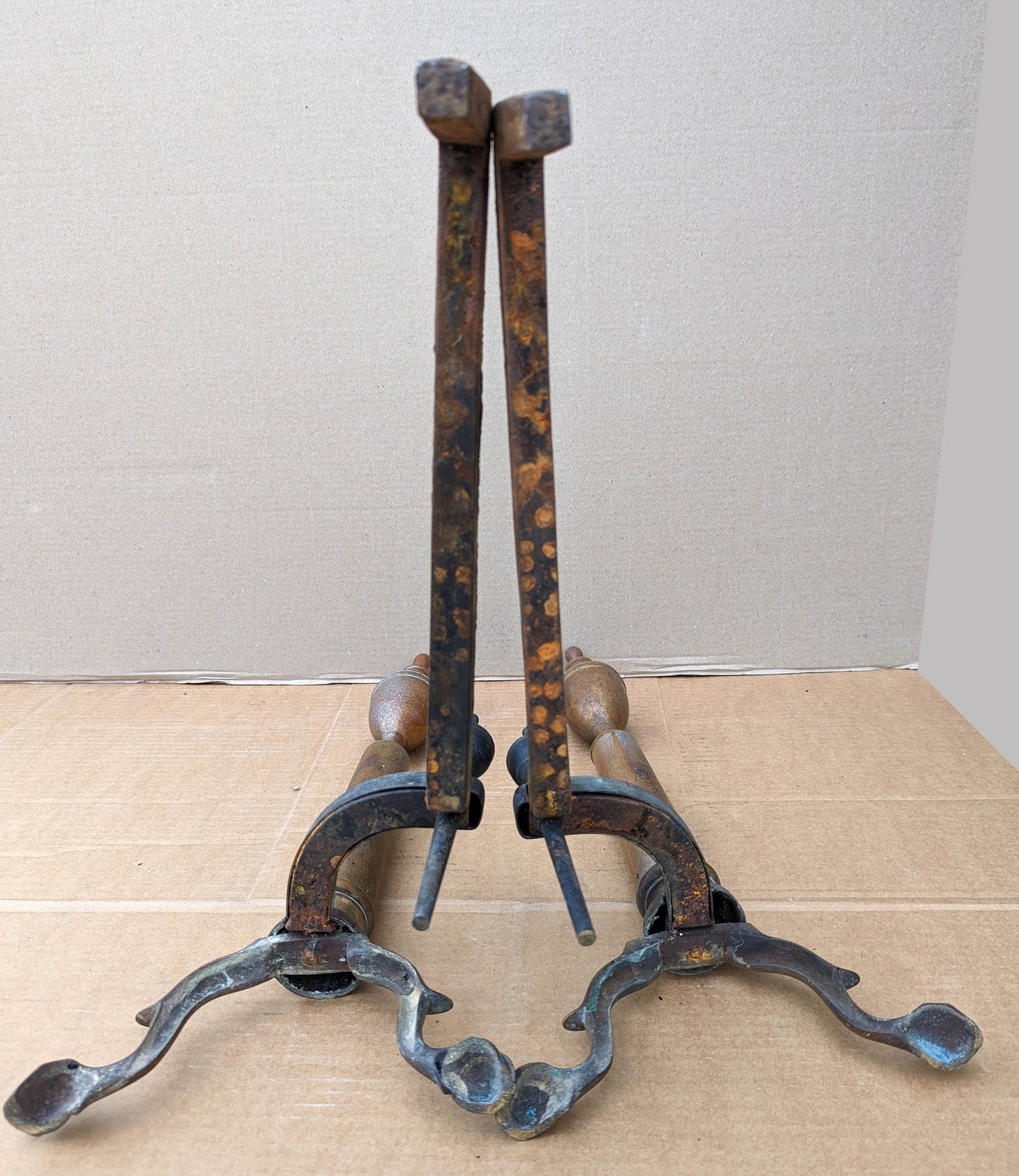 22"H Pair Antique Vintage Old "Rostland W L" Brass Cast Iron Federal Style Fireplace Andirons Firedogs Log Holders