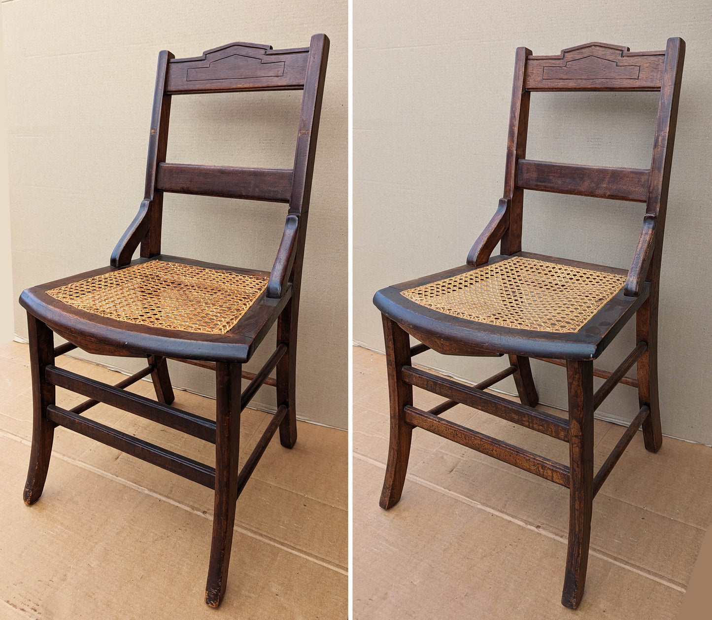 Pair Antique Vintage Old SOLID Walnut Wood Wooden Side Dining Accent Chair Caned Seat