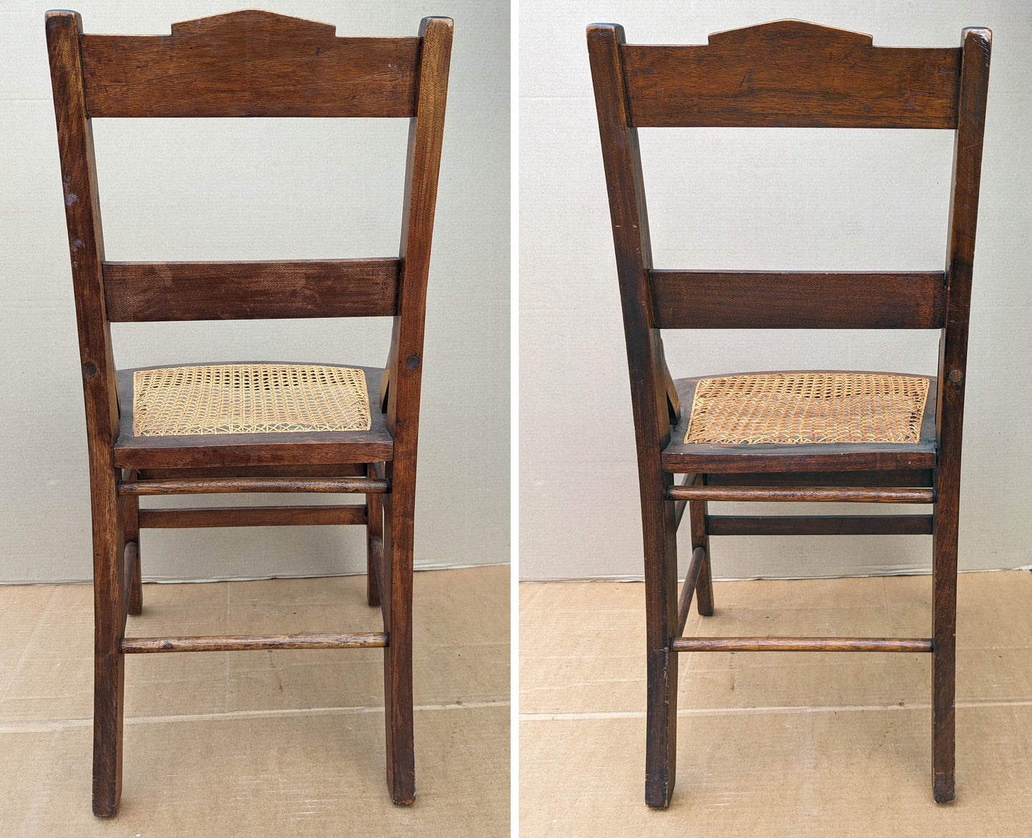 Pair Antique Vintage Old SOLID Walnut Wood Wooden Side Dining Accent Chair Caned Seat