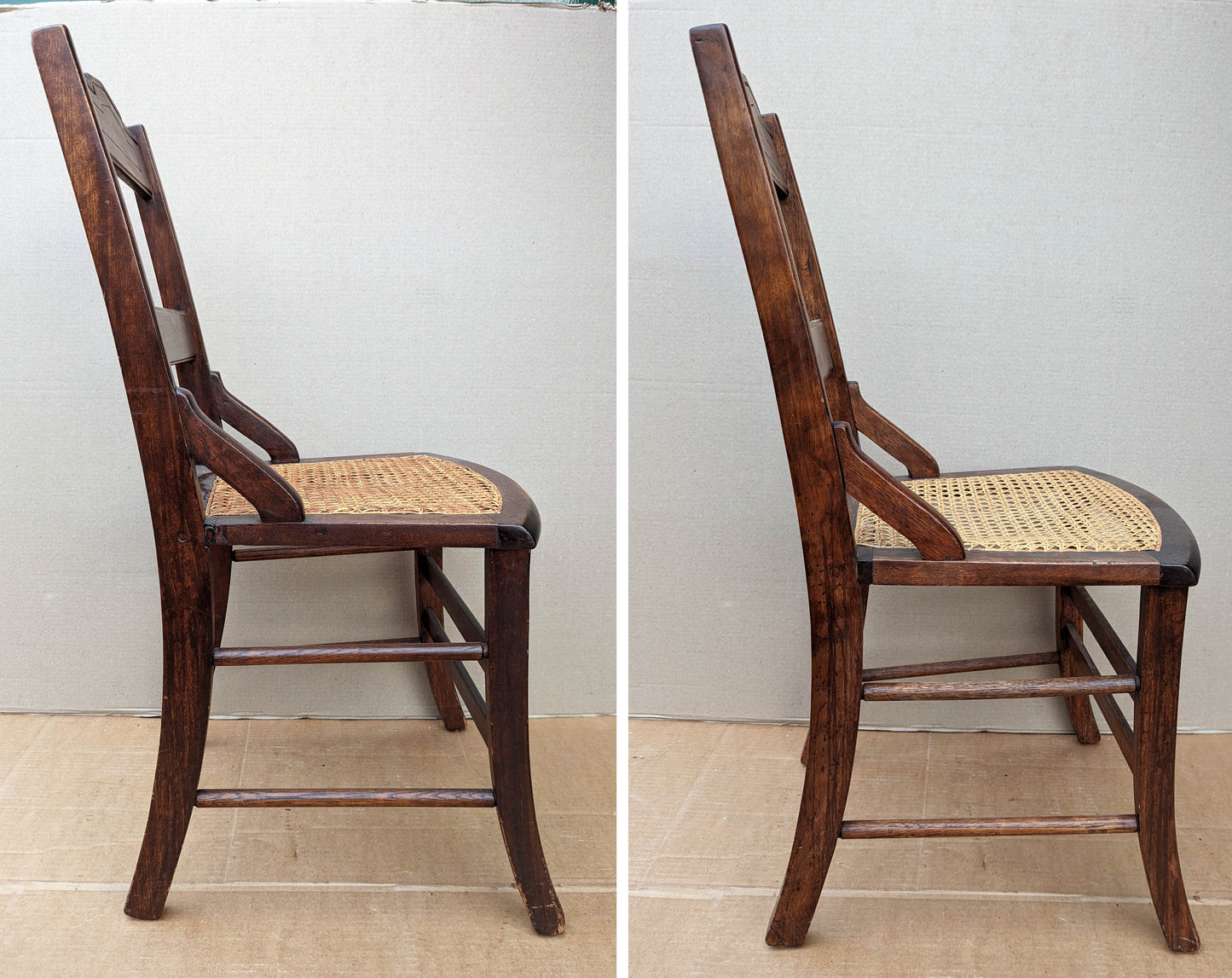 Pair Antique Vintage Old SOLID Walnut Wood Wooden Side Dining Accent Chair Caned Seat