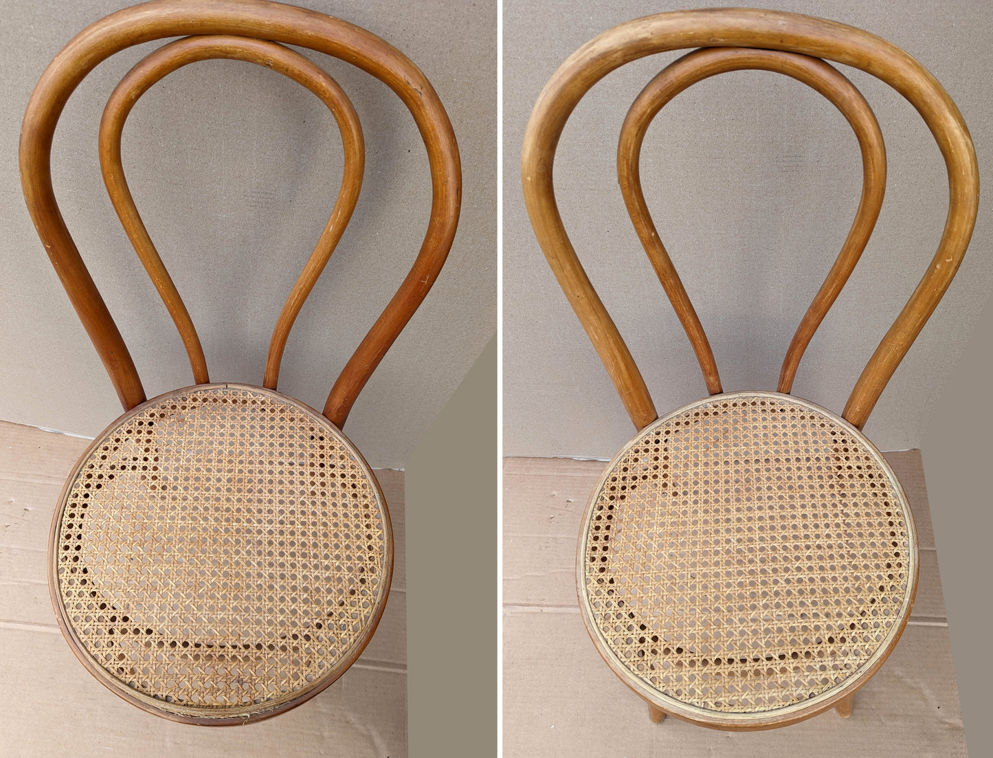 Pair Vintage Antique Old SOLID Bent Wood Wooden Side Dining Chair Round Caned Seat Made in Romania