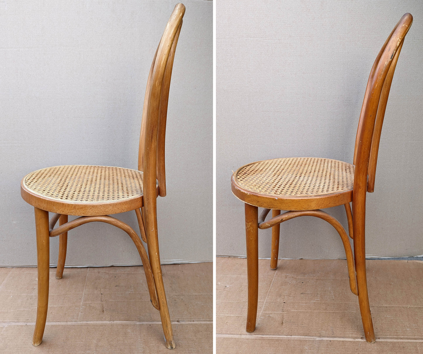 Pair Vintage Antique Old SOLID Bent Wood Wooden Side Dining Chair Round Caned Seat Made in Romania