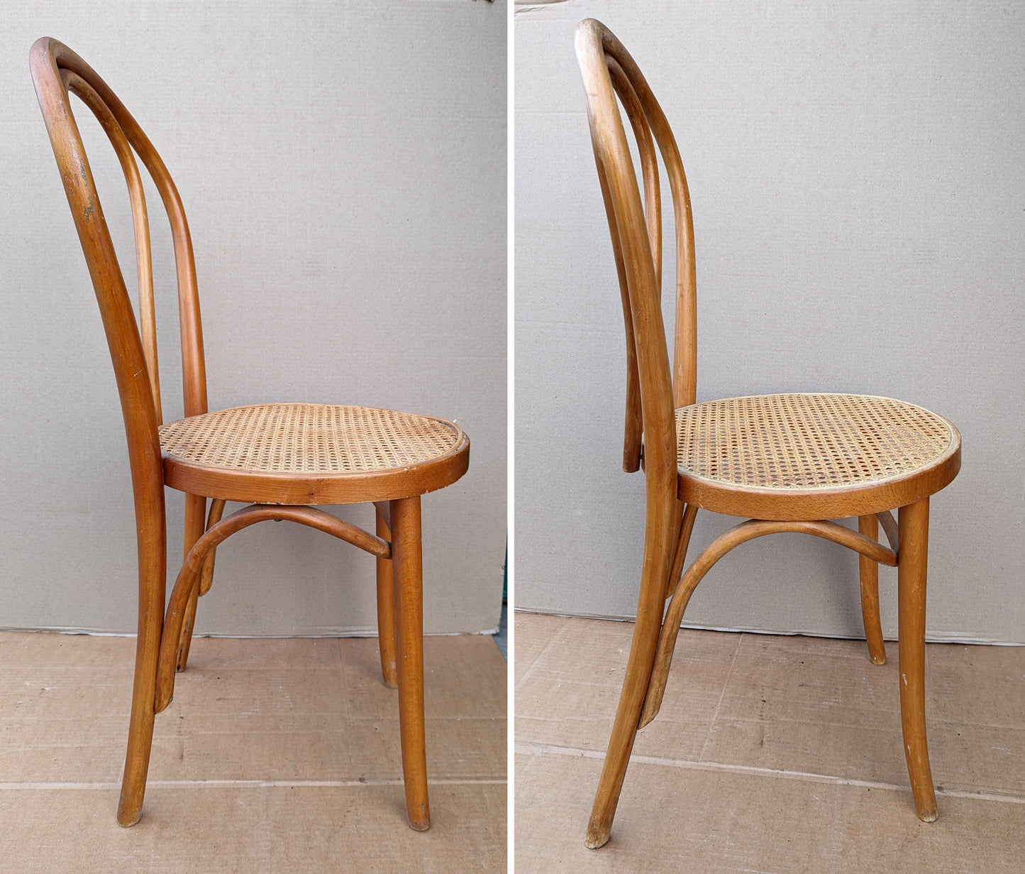 Pair Vintage Antique Old SOLID Bent Wood Wooden Side Dining Chair Round Caned Seat Made in Romania