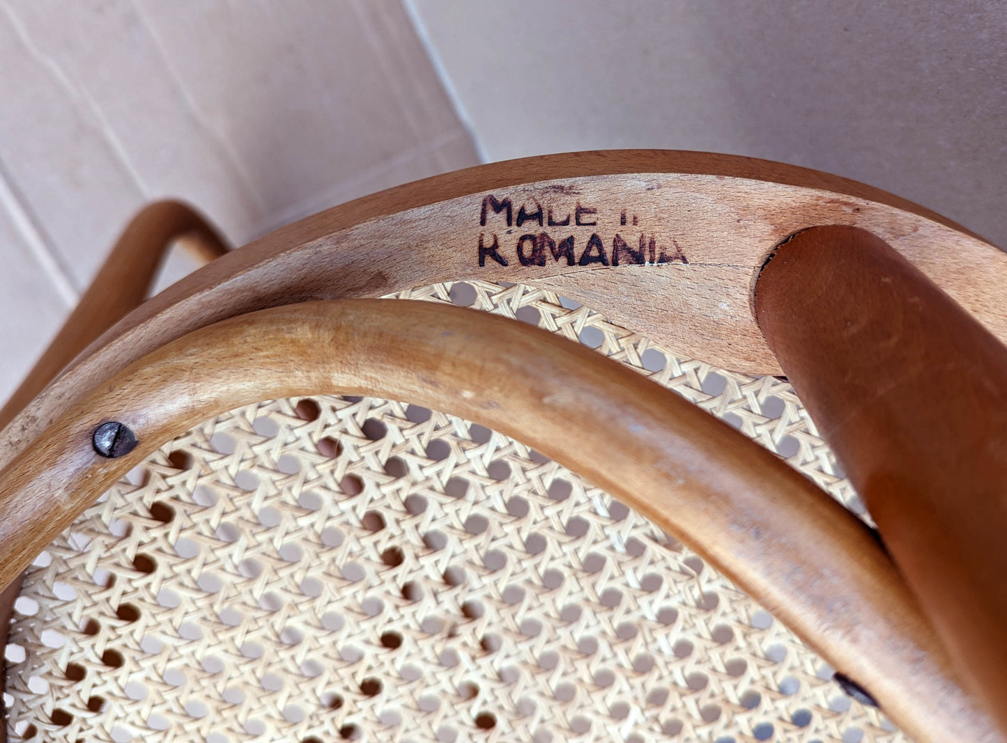 Pair Vintage Antique Old SOLID Bent Wood Wooden Side Dining Chair Round Caned Seat Made in Romania