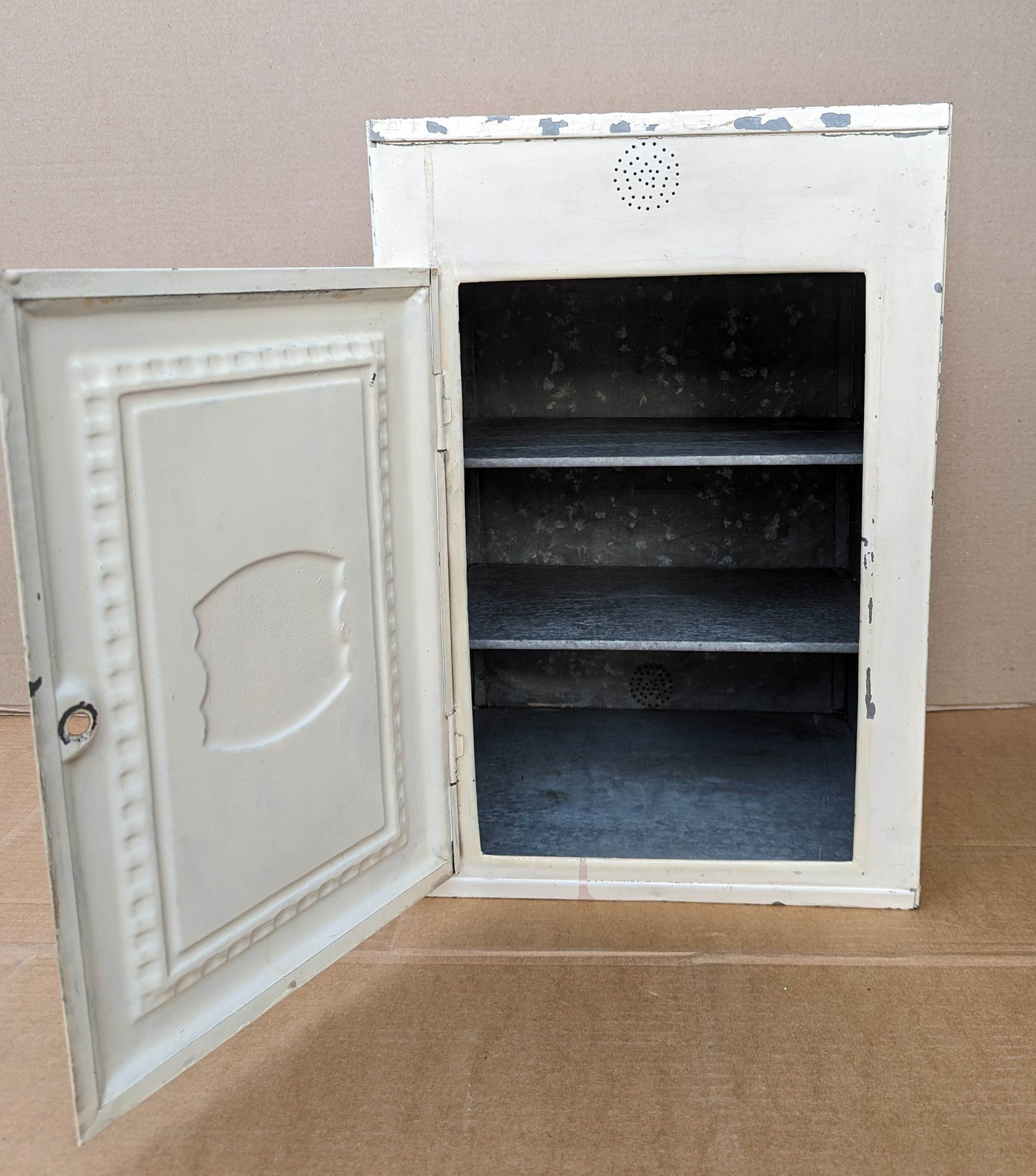 Vintage Antique Old Rustic Galvanized Steel Metal Pie Bread Cake Cookie Safe Cabinet Cupboard Box Door 2 Shelves Shelf