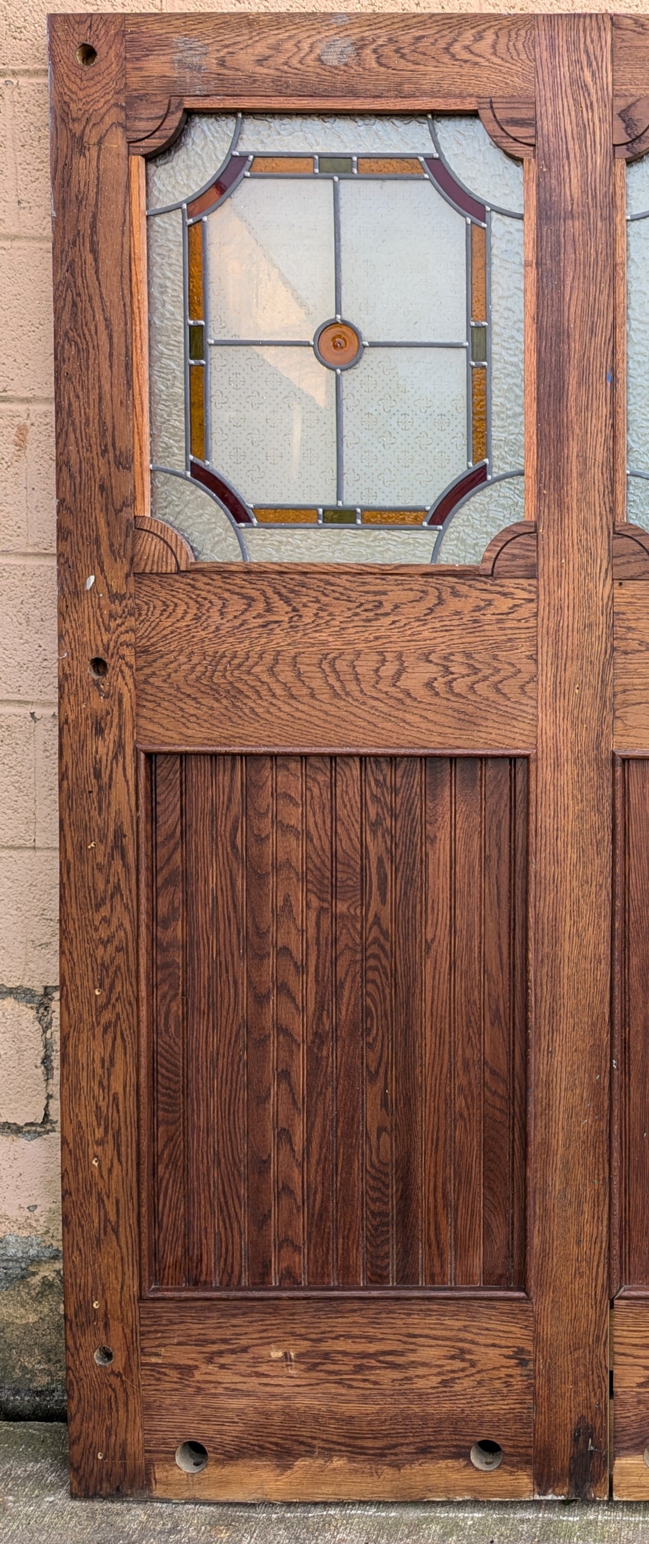 79"x78"x1.75" Vintage Old SOLID Oak Wood Wooden Room Divider Wall Panel Leaded Stained Textured Etched Glass Windows Doors