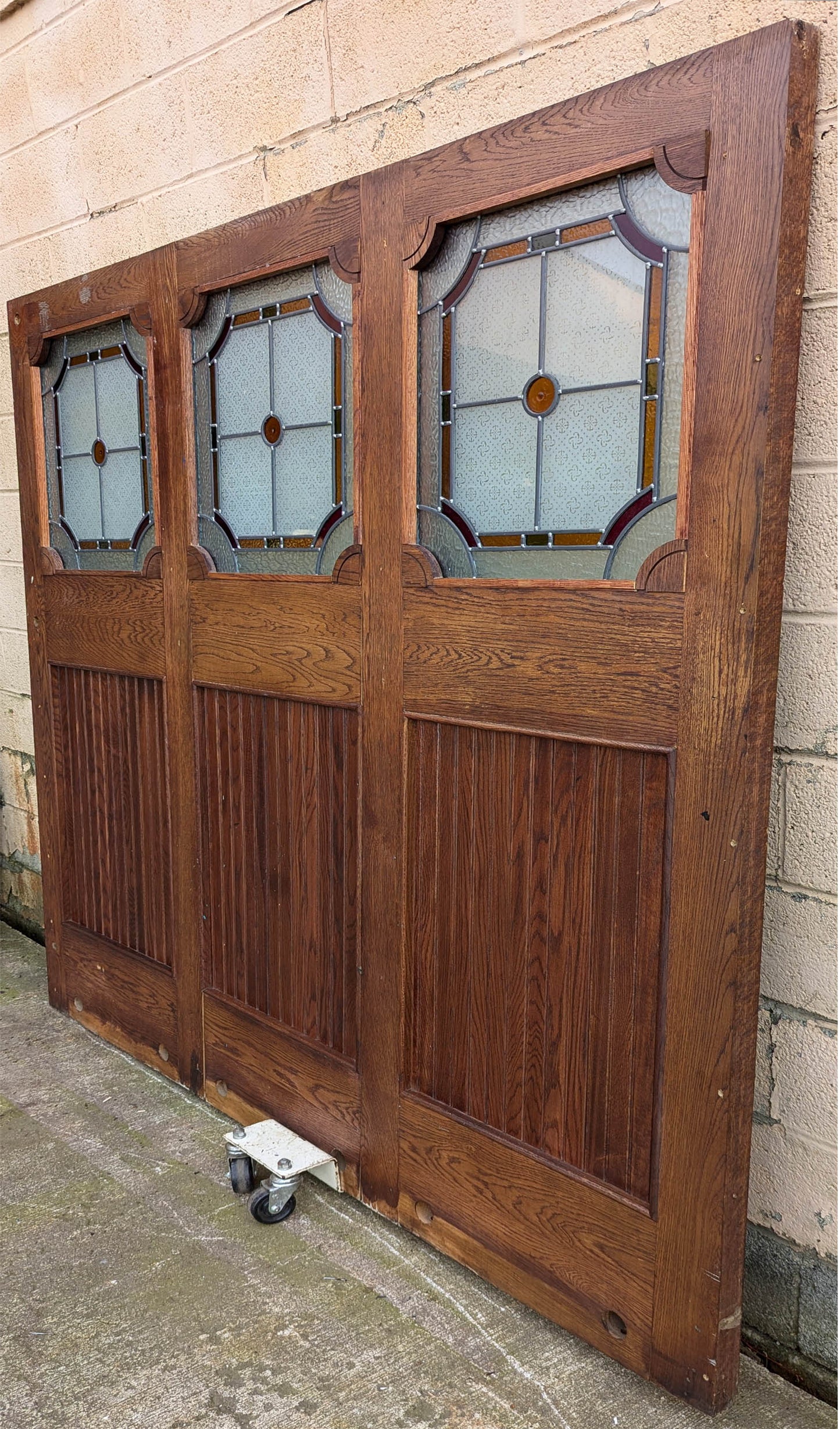 79"x78"x1.75" Vintage Old SOLID Oak Wood Wooden Room Divider Wall Panel Leaded Stained Textured Etched Glass Windows Doors
