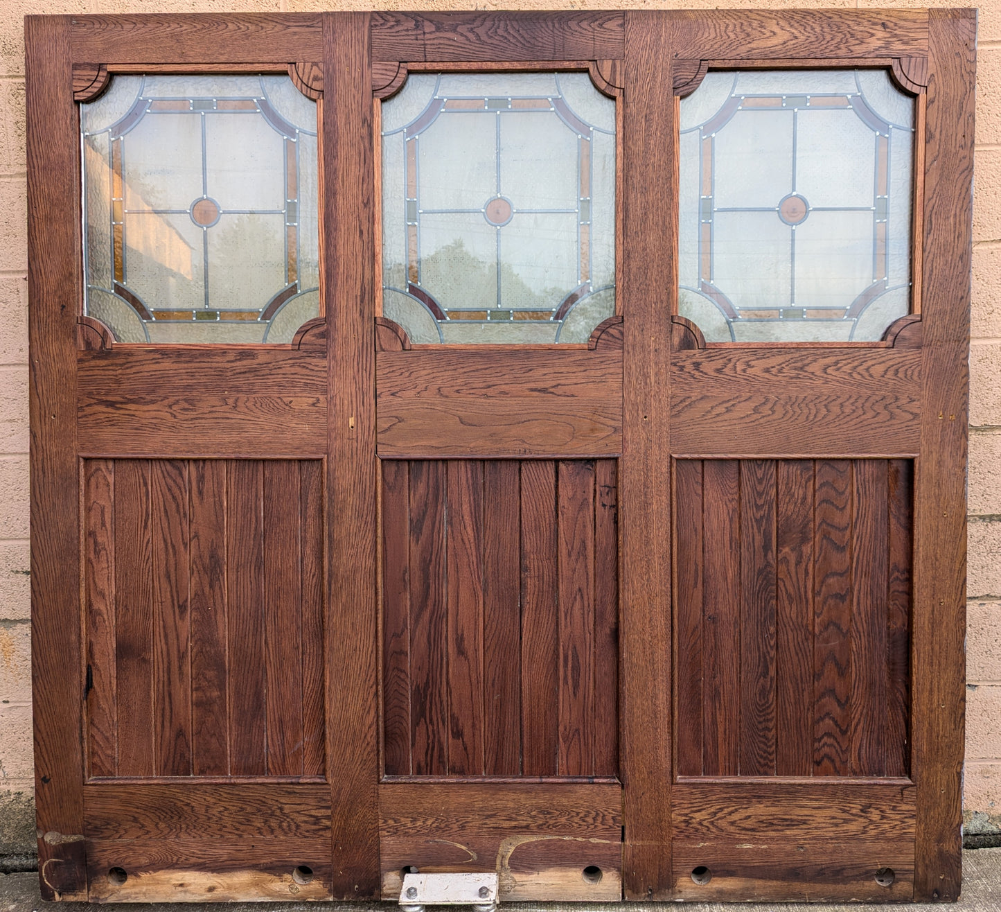 79"x78"x1.75" Vintage Old SOLID Oak Wood Wooden Room Divider Wall Panel Leaded Stained Textured Etched Glass Windows Doors