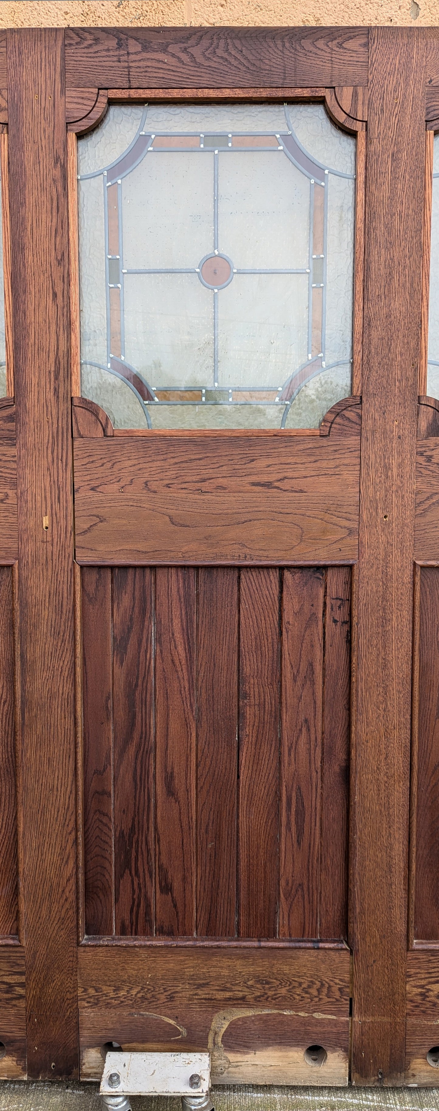 79"x78"x1.75" Vintage Old SOLID Oak Wood Wooden Room Divider Wall Panel Leaded Stained Textured Etched Glass Windows Doors