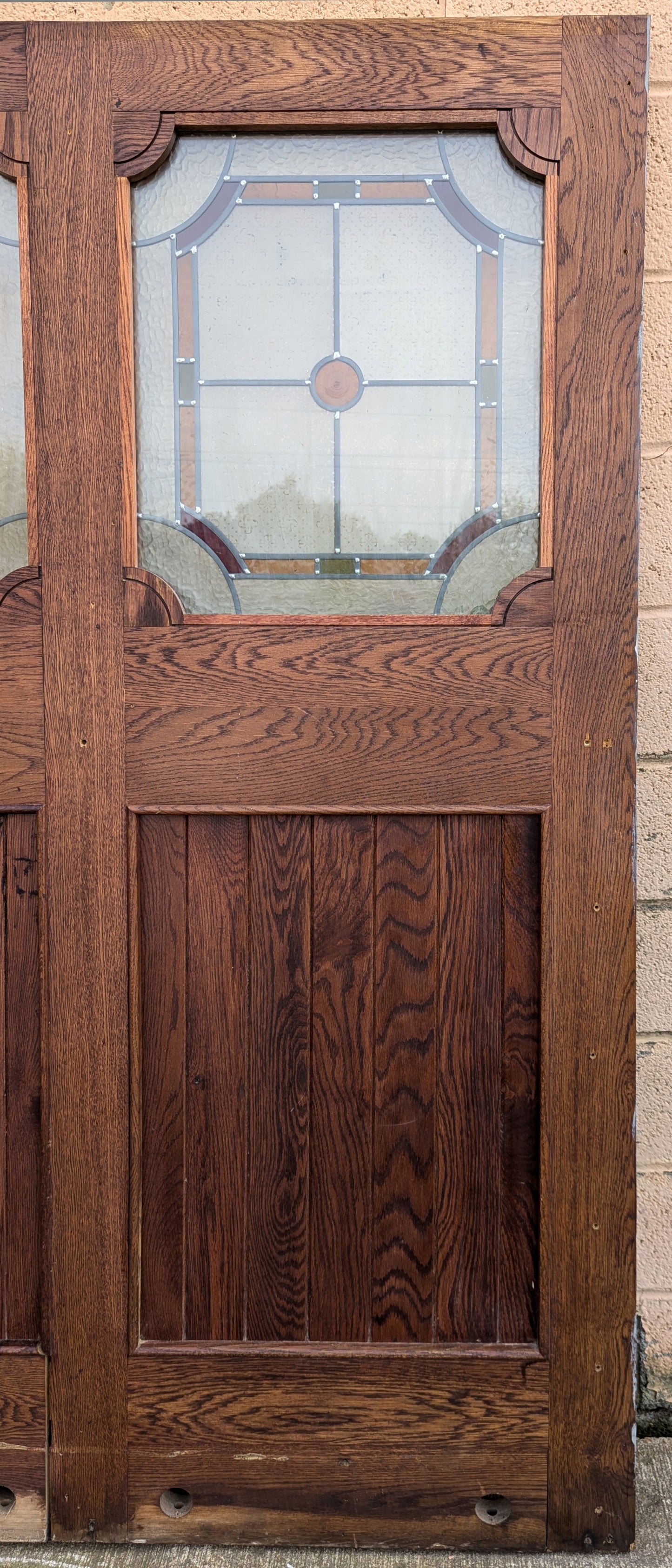 79"x78"x1.75" Vintage Old SOLID Oak Wood Wooden Room Divider Wall Panel Leaded Stained Textured Etched Glass Windows Doors
