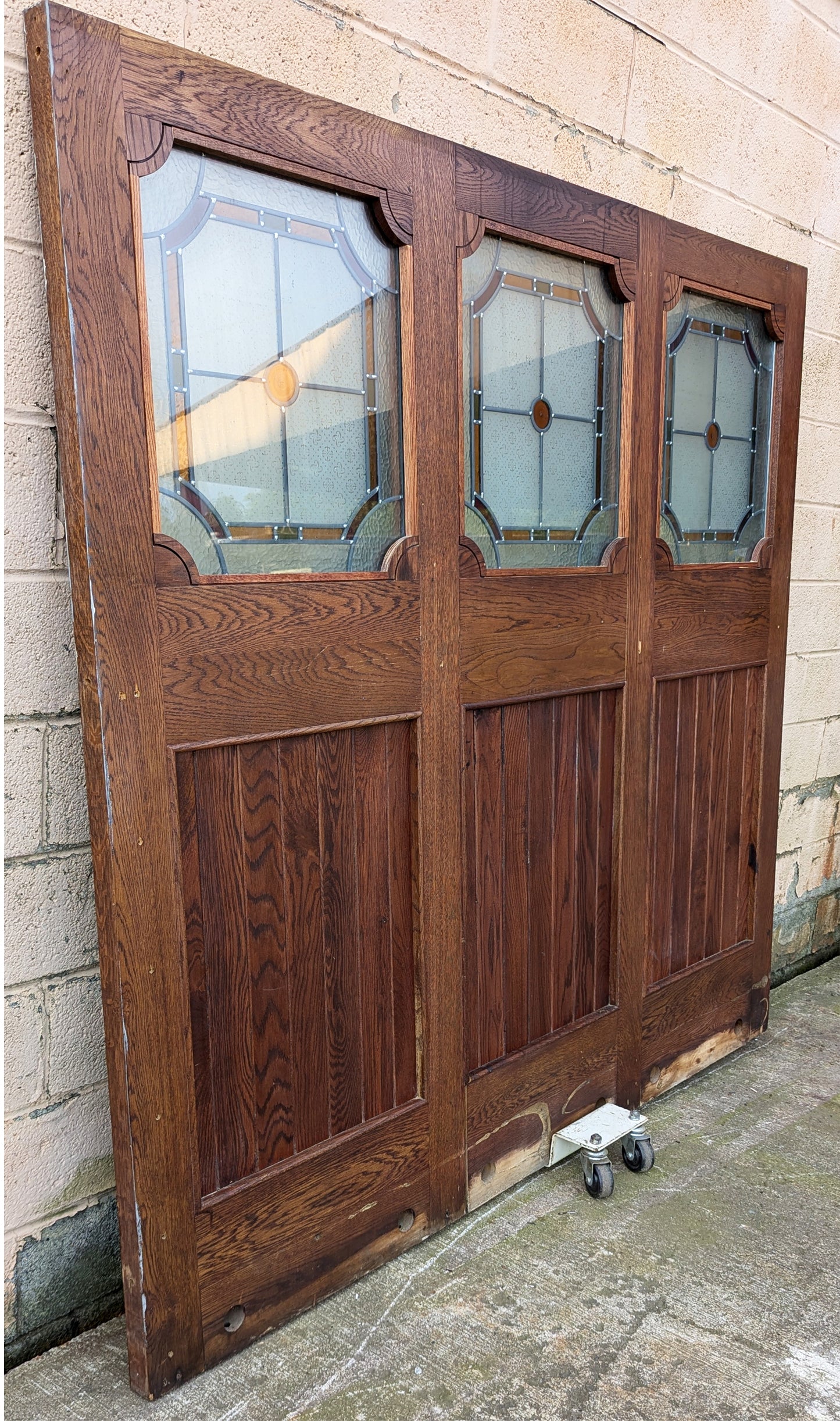79"x78"x1.75" Vintage Old SOLID Oak Wood Wooden Room Divider Wall Panel Leaded Stained Textured Etched Glass Windows Doors