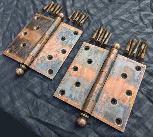 4 available Pair 5"x5" CLEANED RESTORED Antique Vintage Old Reclaimed Salvaged Victorian SOLID Cast Brass Copper Exterior Entry Door Hinges Ball Tip Finials
