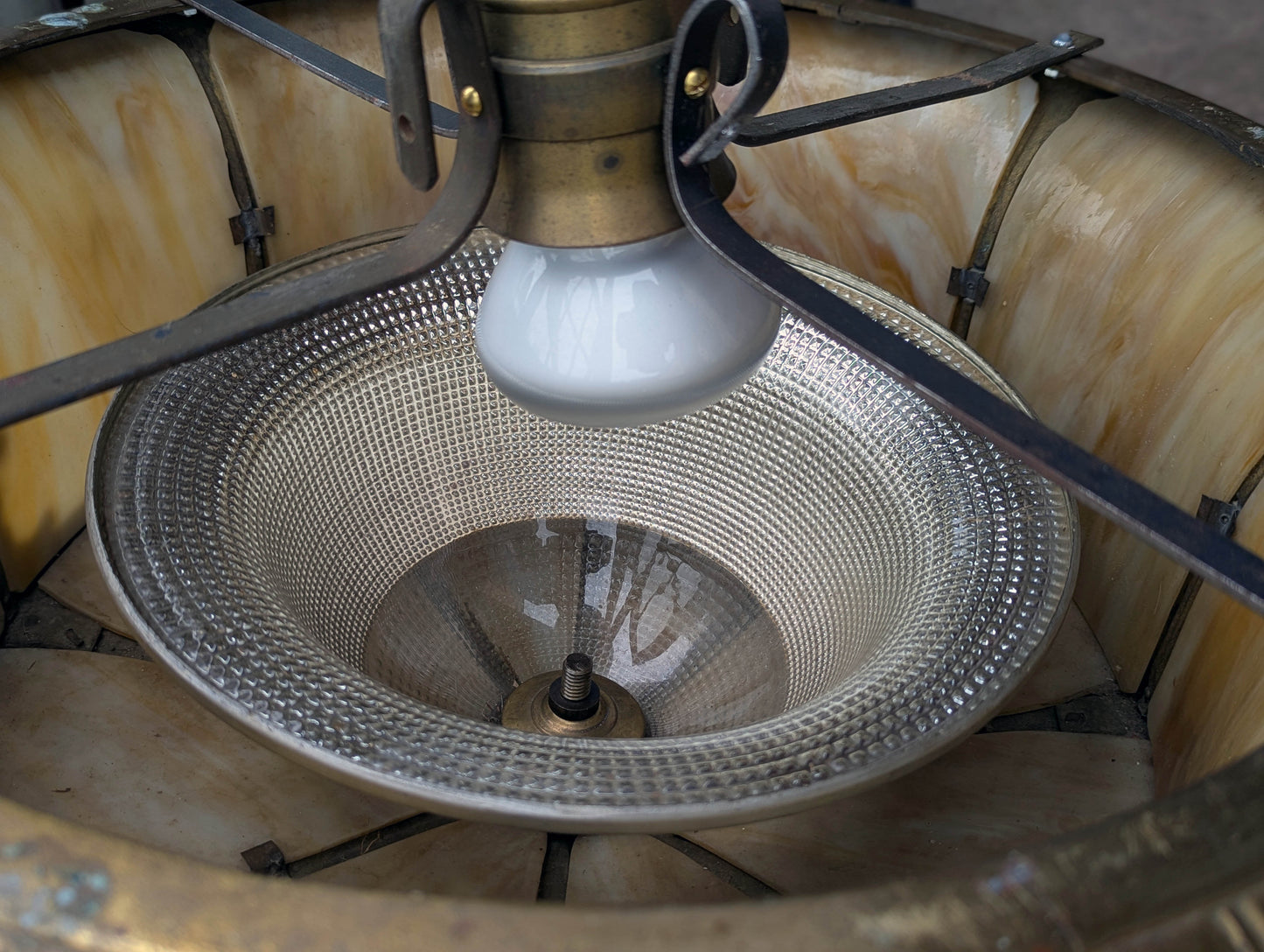 21" Round Antique Vintage Old Solid Brass Stained Slag Glass Hanging Ceiling Lamp Light Fixture Chandelier Church