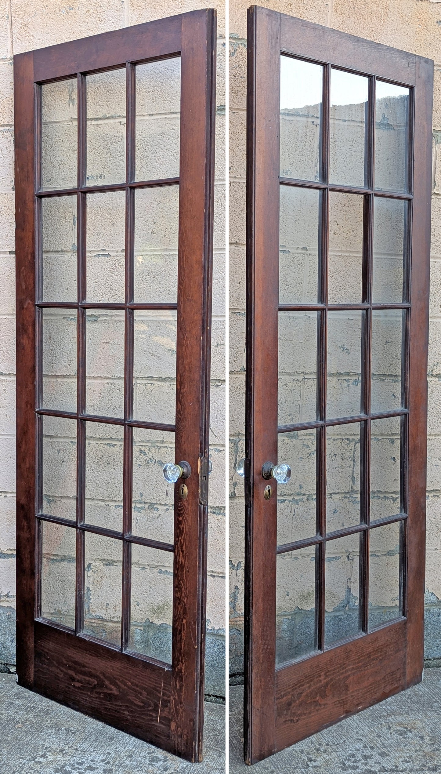 2 Available 64"x84" Pair of Antique Vintage Old Reclaimed Salvaged French Double SOLID Wood Wooden Doors 30 Windows Wavy Glass