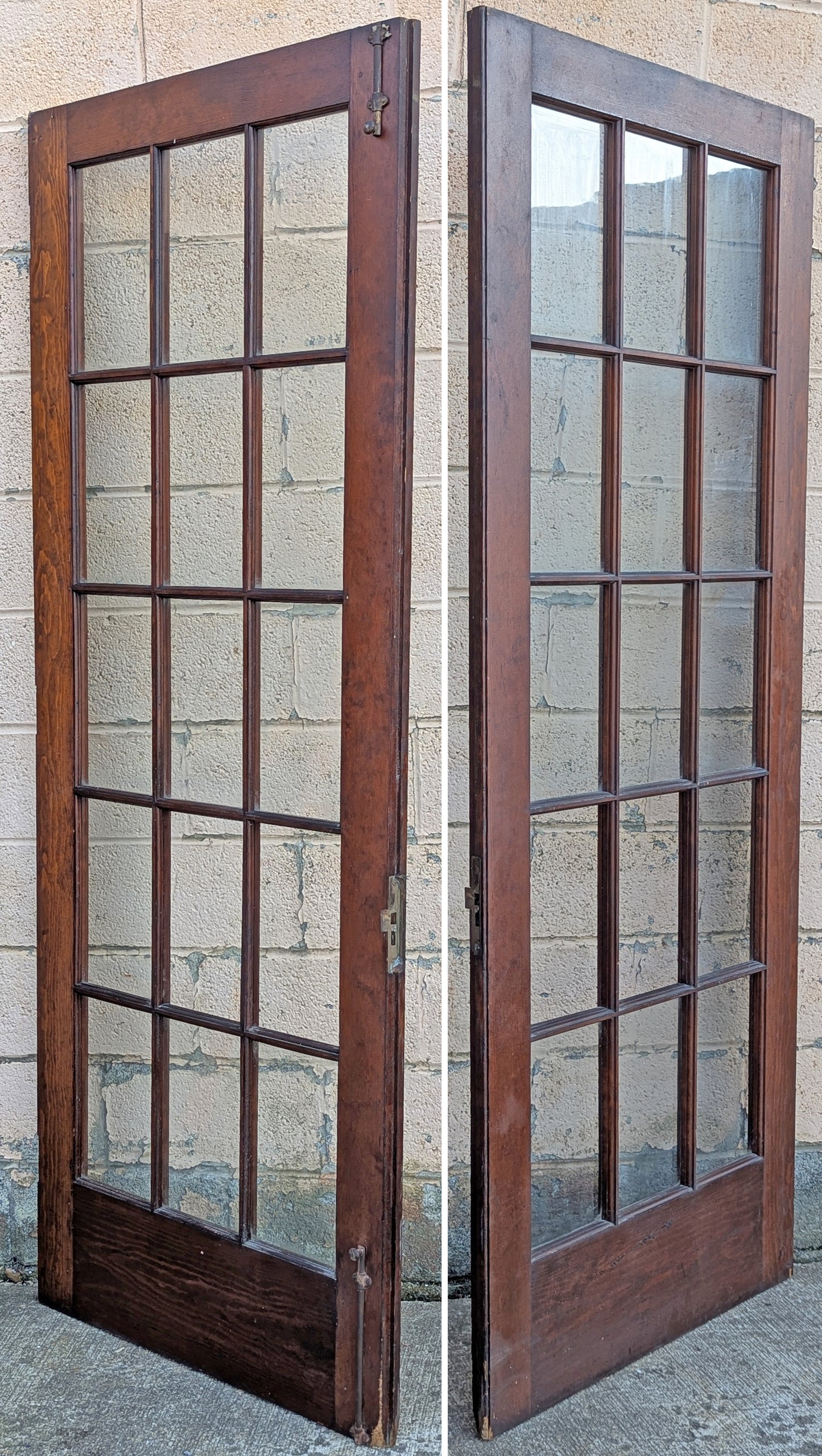 2 Available 64"x84" Pair of Antique Vintage Old Reclaimed Salvaged French Double SOLID Wood Wooden Doors 30 Windows Wavy Glass