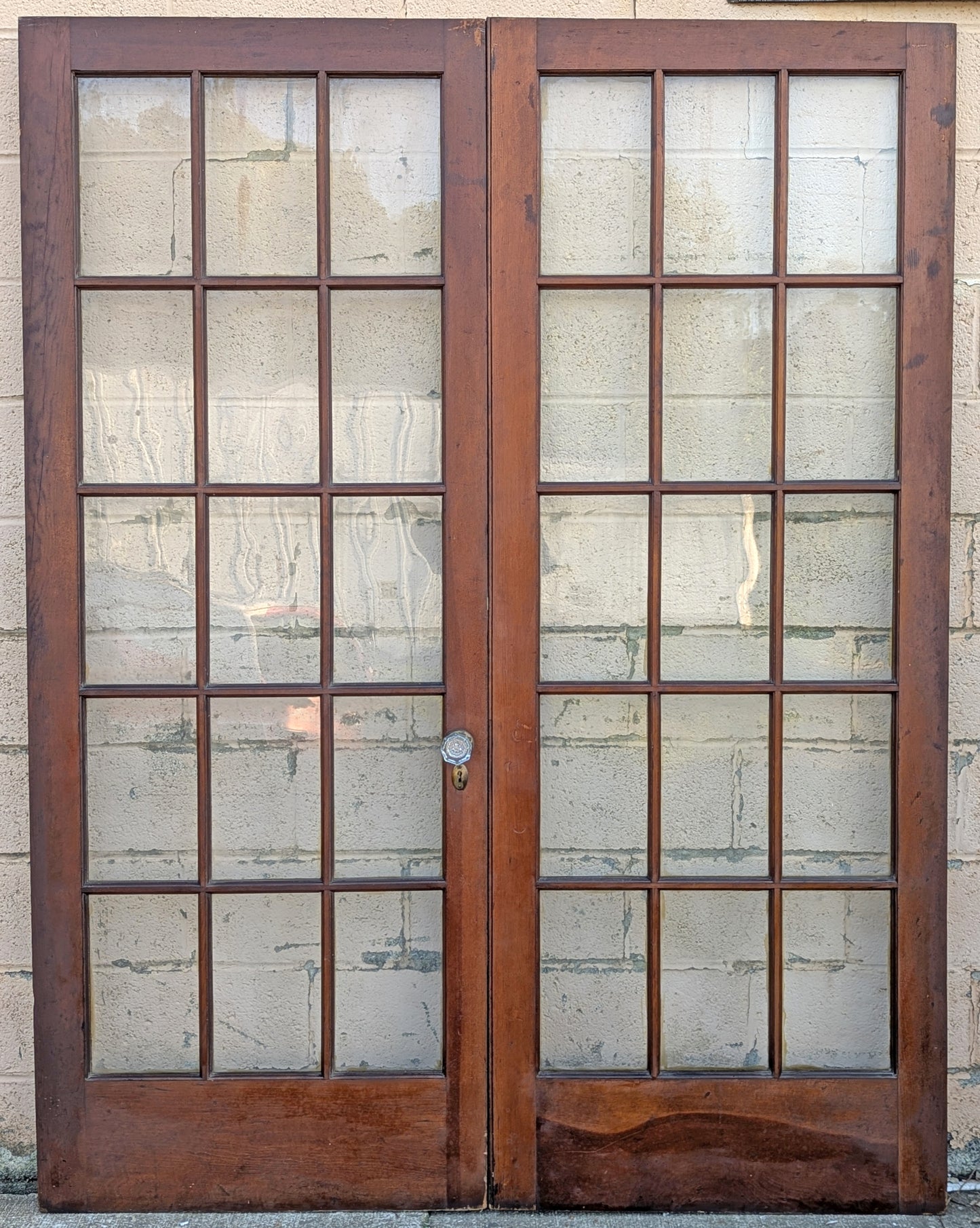2 Available 64"x84" Pair of Antique Vintage Old Reclaimed Salvaged French Double SOLID Wood Wooden Doors 30 Windows Wavy Glass