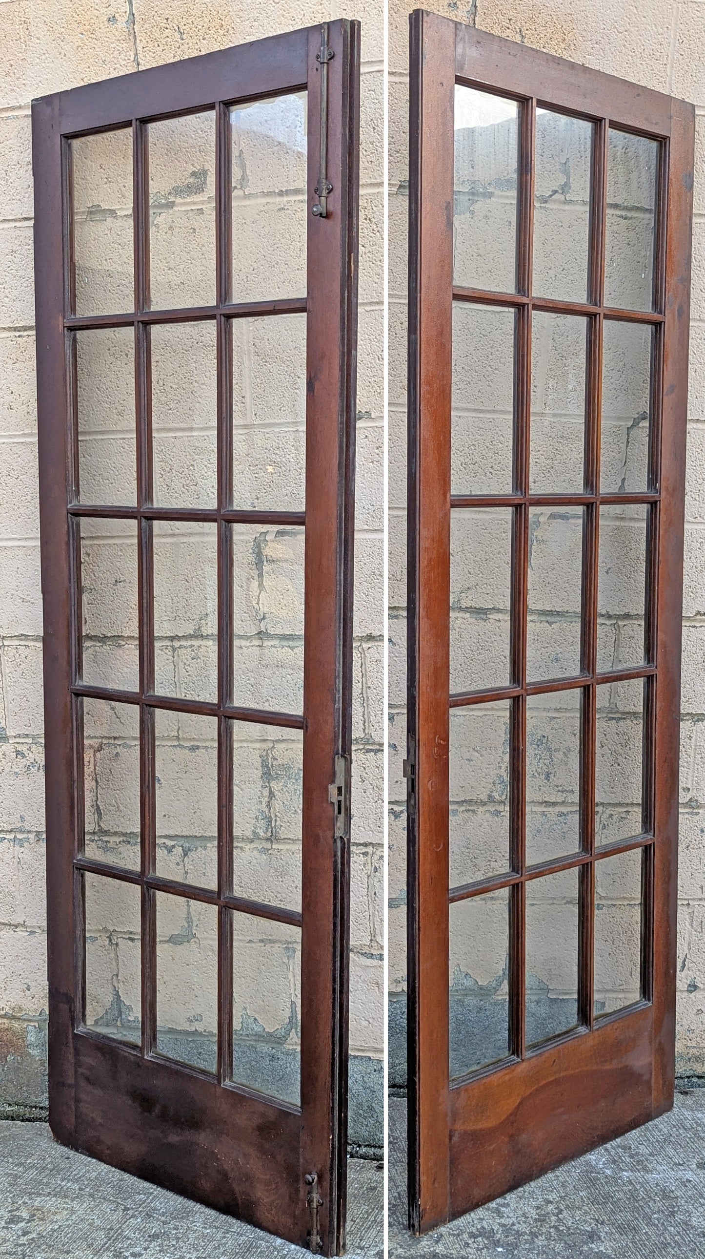 2 Available 64"x84" Pair of Antique Vintage Old Reclaimed Salvaged French Double SOLID Wood Wooden Doors 30 Windows Wavy Glass