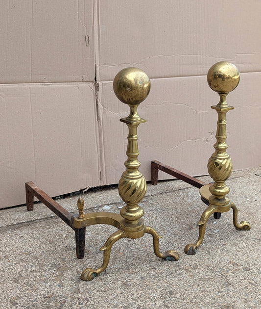 18"H Pair Antique Vintage Old Reclaimed Salvaged Brass Cannonball Federal Fireplace Andirons Logs Fire Dogs Log Holders