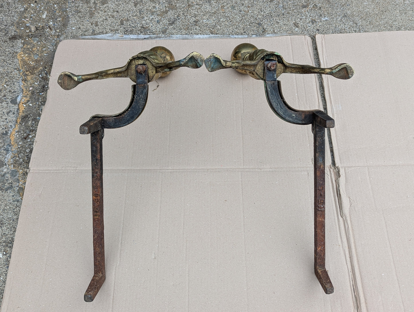 18"H Pair Antique Vintage Old Reclaimed Salvaged Brass Cannonball Federal Fireplace Andirons Logs Fire Dogs Log Holders