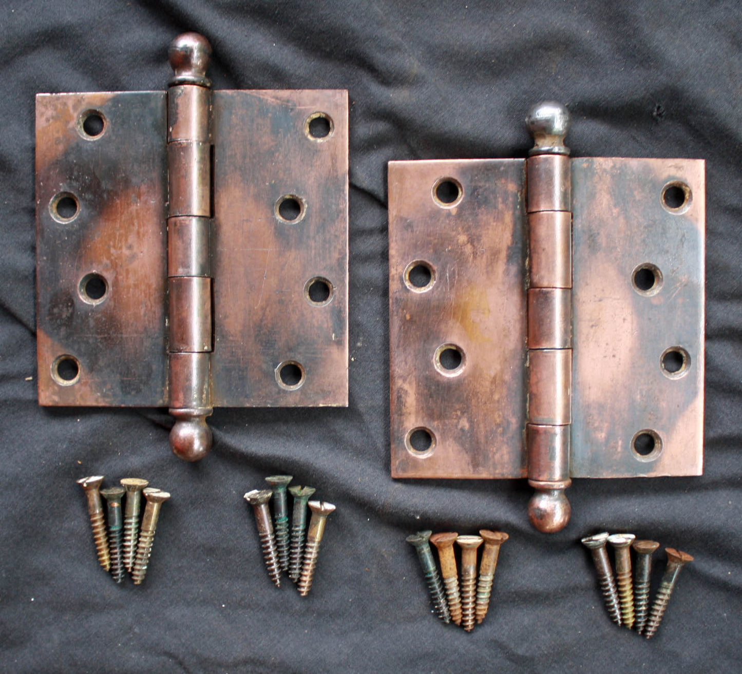 4 Pair available 4"x4" Antique Vintage Old Reclaimed Salvaged Steel Bronze Copper Ball Tip Finial Exterior Entry Door Hinges Screws
