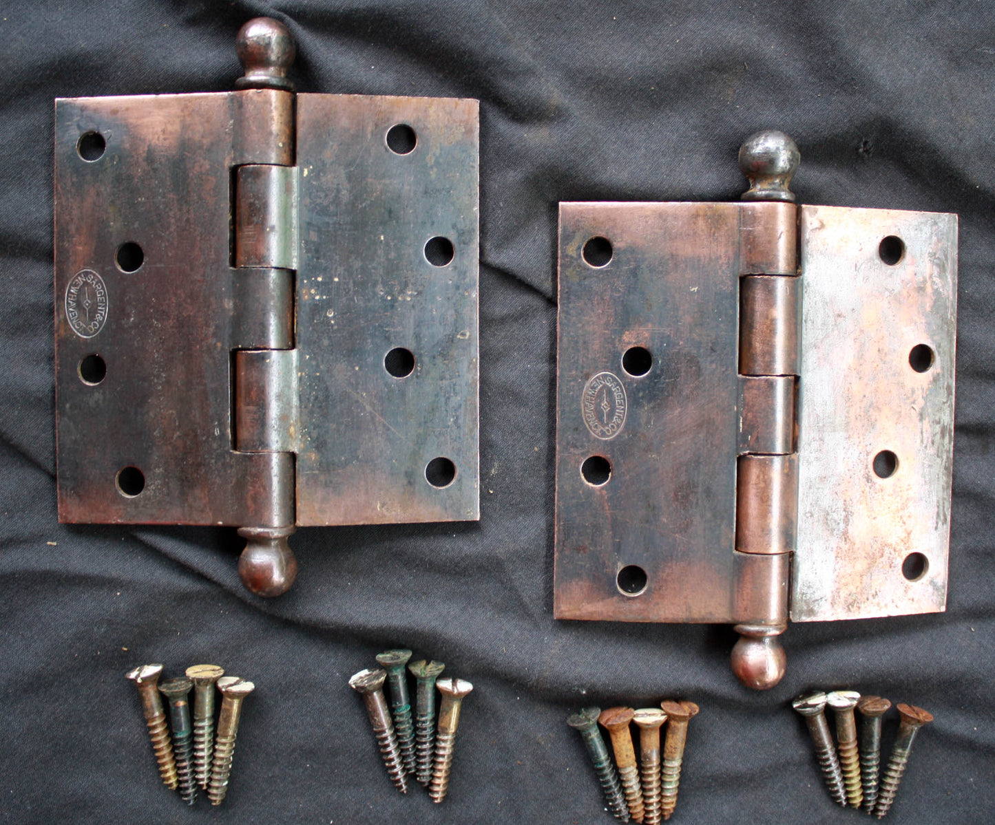 4 Pair available 4"x4" Antique Vintage Old Reclaimed Salvaged Steel Bronze Copper Ball Tip Finial Exterior Entry Door Hinges Screws