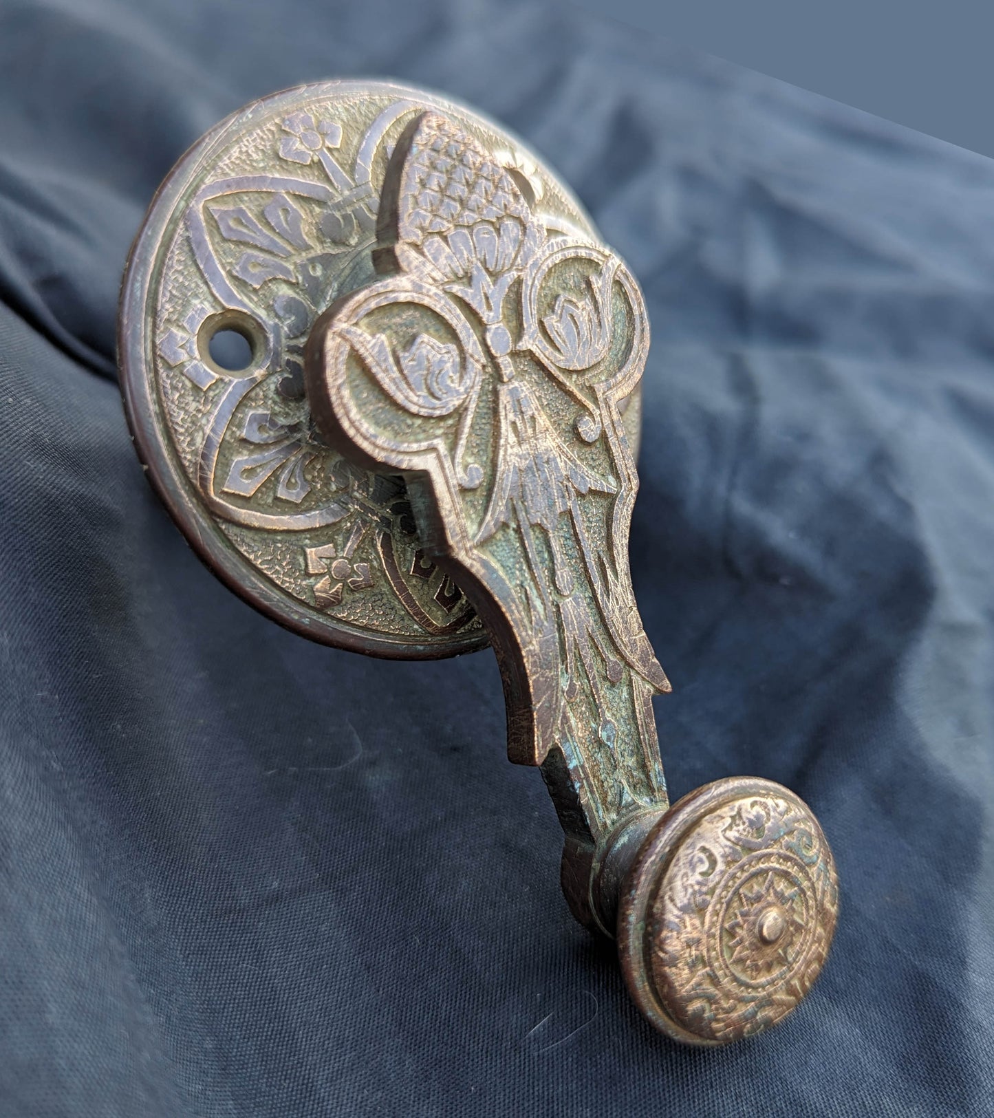 Cleaned Antique Vintage Old Eastlake Victorian Solid Heavy Cast Bronze Doorbell Door Bell Ringer Lever Turn Crank