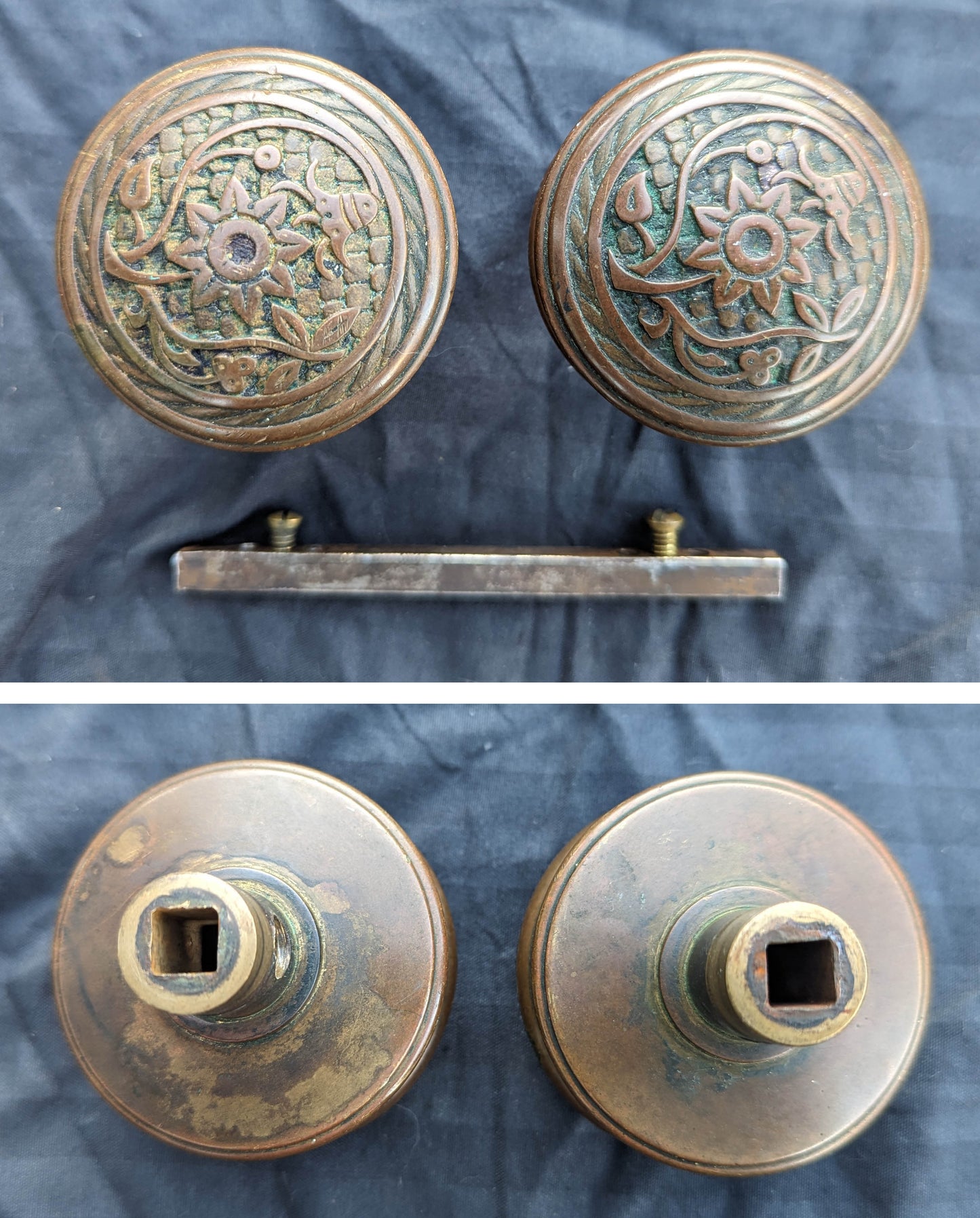 Pair Antique Vintage Old SOLID Cast Bronze Norwalk Bluebell Doorknob Drum Style Door Knobs